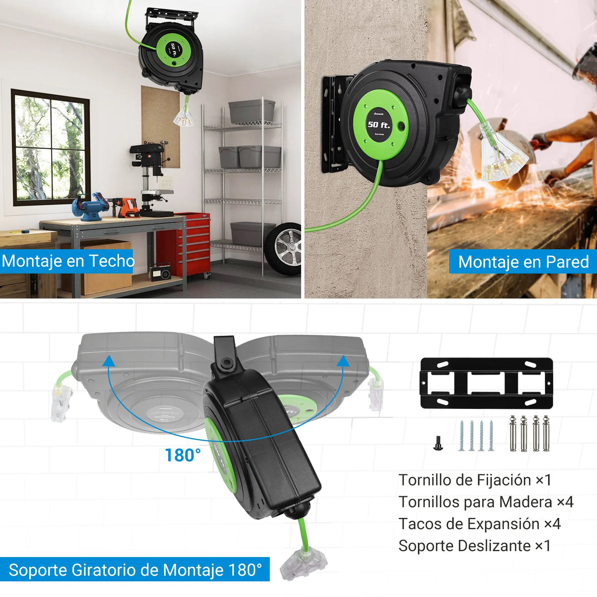 DEWENWILS 50ft Retractable Extension Cord Reel, Electric Cord Reel with 14AWG/3C SJTOW, 13A Circuit Breaker, Wall/Ceiling Mounted, 3-Lighted Triple Outlets, Blue Black-SHCRA50D