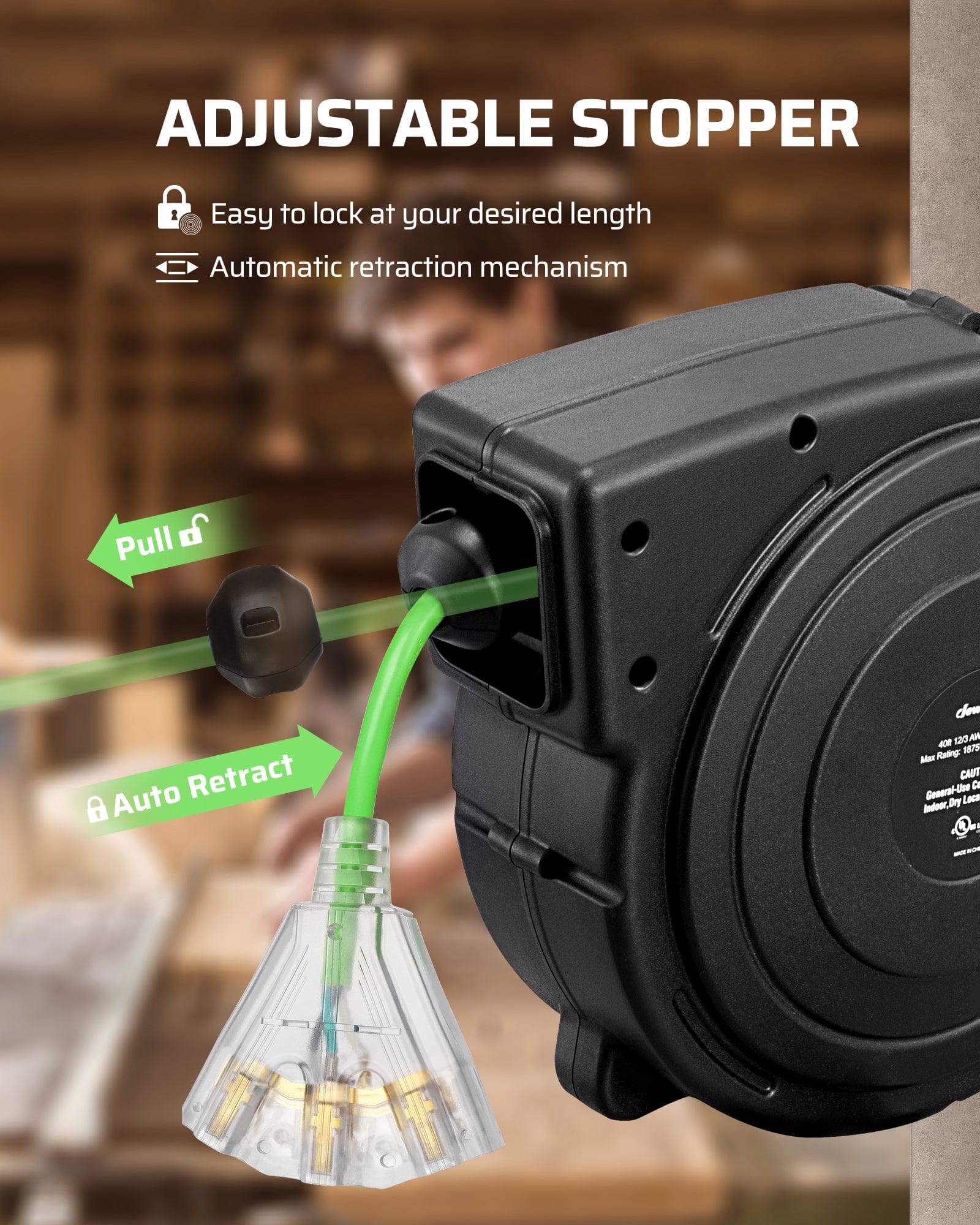 DEWENWILS 50ft retractable extension cord reel with adjustable stopper, easy length locking, and automatic retraction mechanism for flexible and convenient power use.
