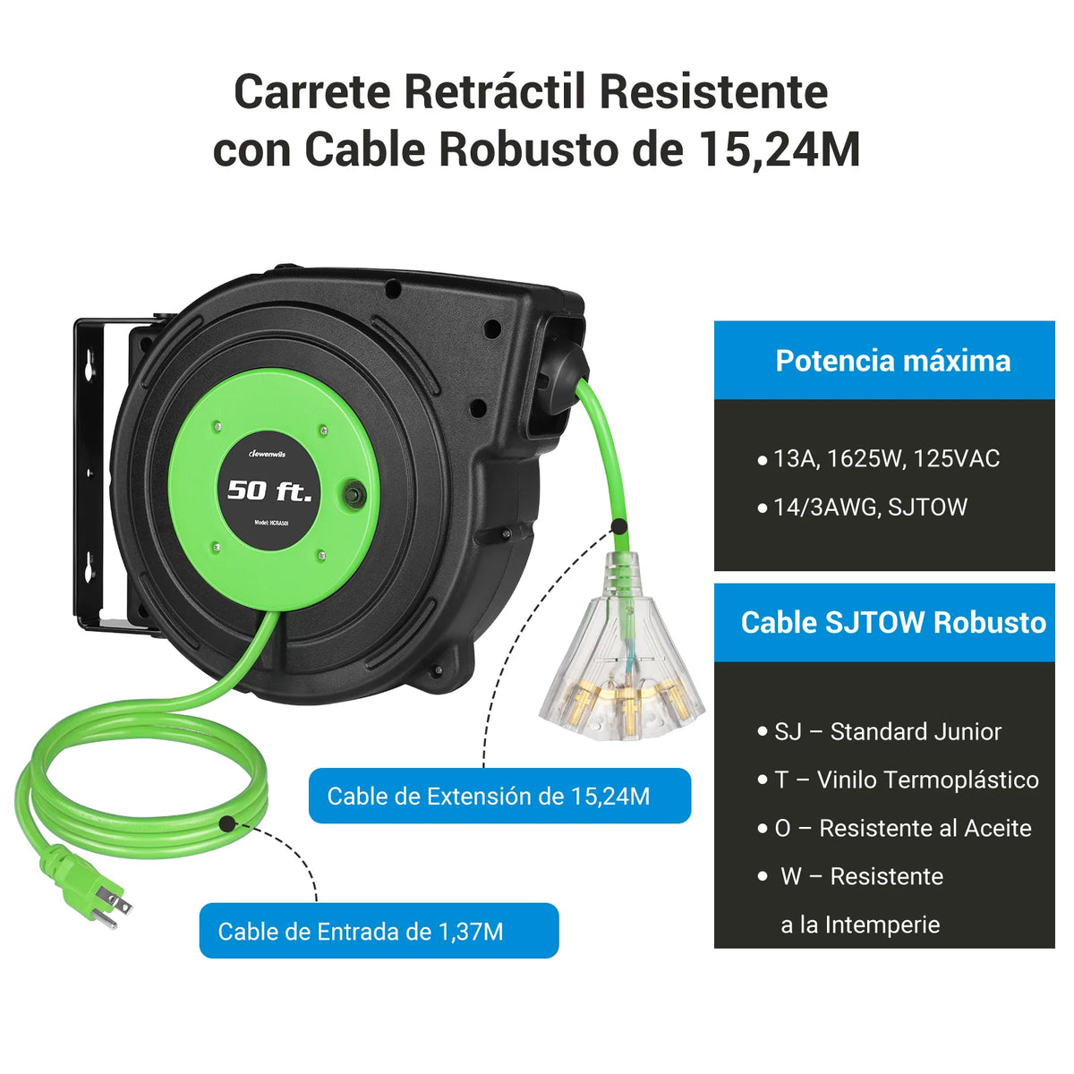 DEWENWILS 50ft Retractable Extension Cord Reel, Electric Cord Reel with 14AWG/3C SJTOW, 13A Circuit Breaker, Wall/Ceiling Mounted, 3-Lighted Triple Outlets, Blue Black-SHCRA50D
