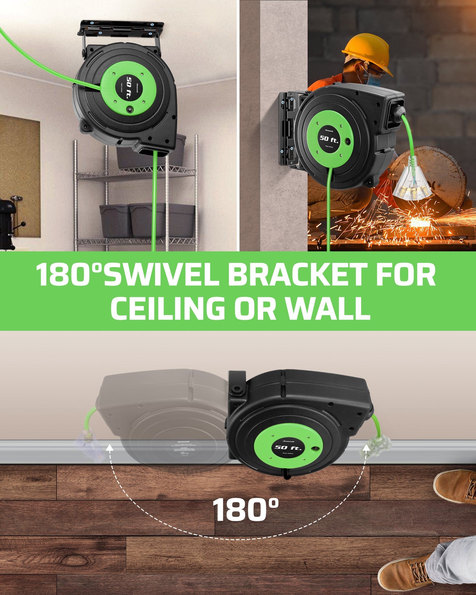 DEWENWILS 50ft retractable extension cord reel with 180° swivel bracket for wall or ceiling mounting, providing flexible positioning and easy access to power