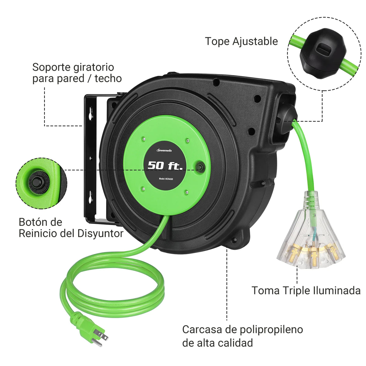 DEWENWILS 50ft Retractable Extension Cord Reel, Electric Cord Reel with 14AWG/3C SJTOW, 13A Circuit Breaker, Wall/Ceiling Mounted, 3-Lighted Triple Outlets, Blue Black-SHCRA50D