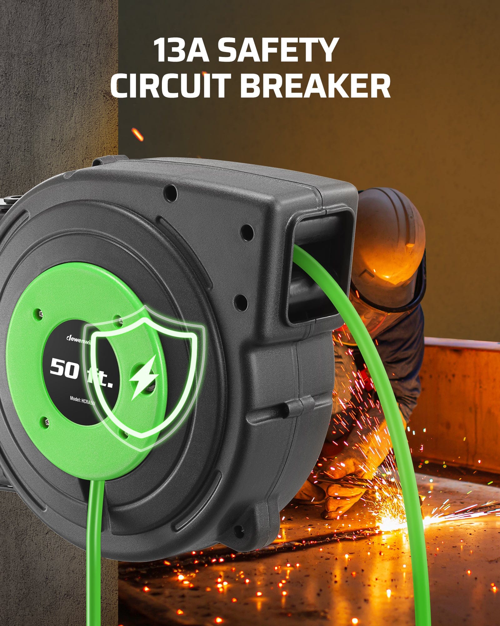 DEWENWILS 50ft retractable extension cord reel with built-in 13A safety circuit breaker to prevent overload and ensure reliable, safe power use.
