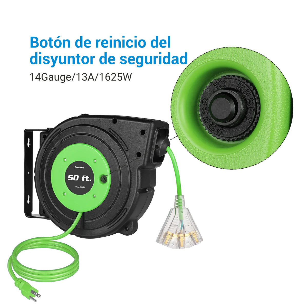 DEWENWILS 50ft Retractable Extension Cord Reel, Electric Cord Reel with 14AWG/3C SJTOW, 13A Circuit Breaker, Wall/Ceiling Mounted, 3-Lighted Triple Outlets, Blue Black-SHCRA50D