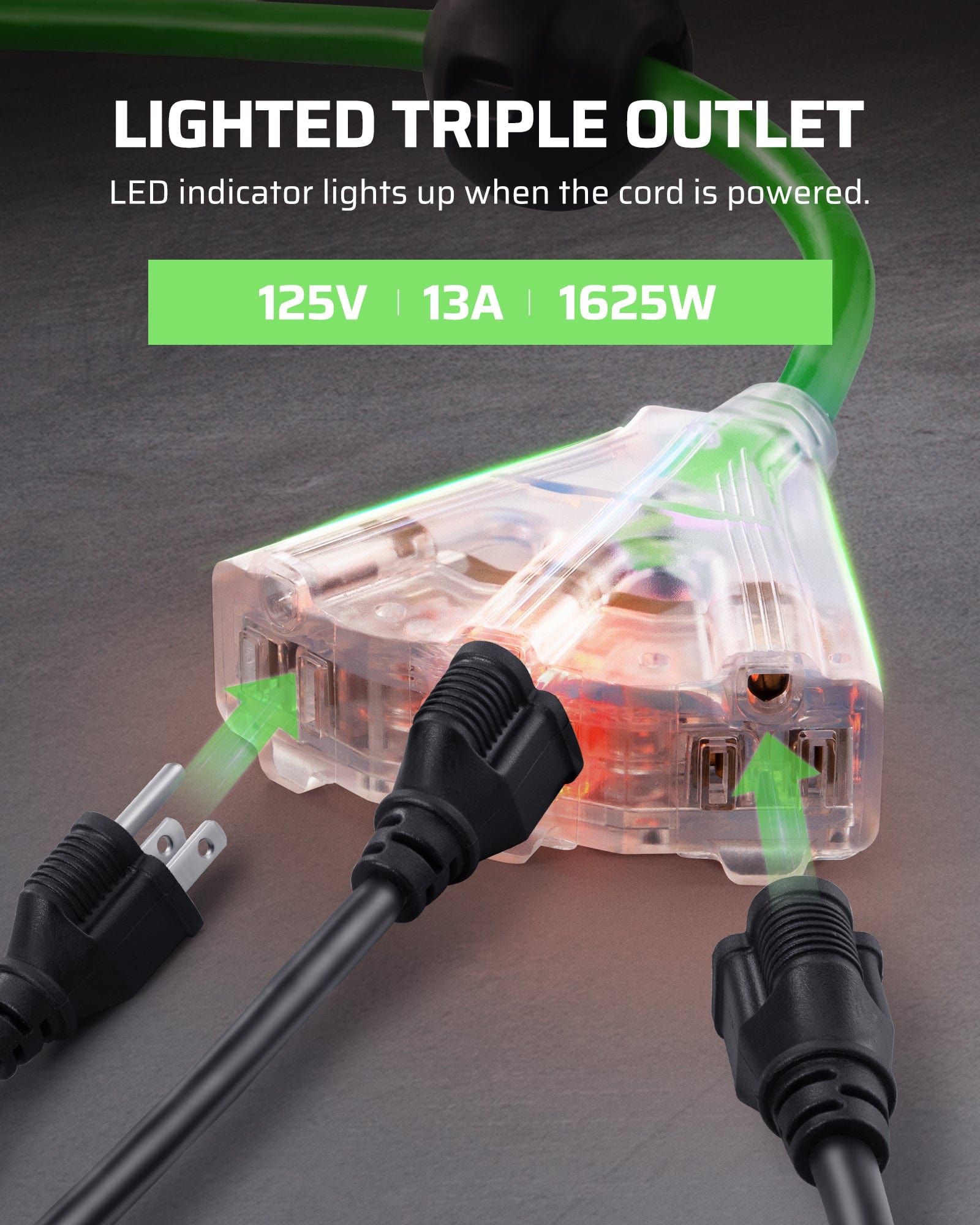 DEWENWILS 50ft retractable extension cord reel with lighted triple outlet, LED power indicator, rated 125V 13A 1625W for safe and convenient multi-device use.