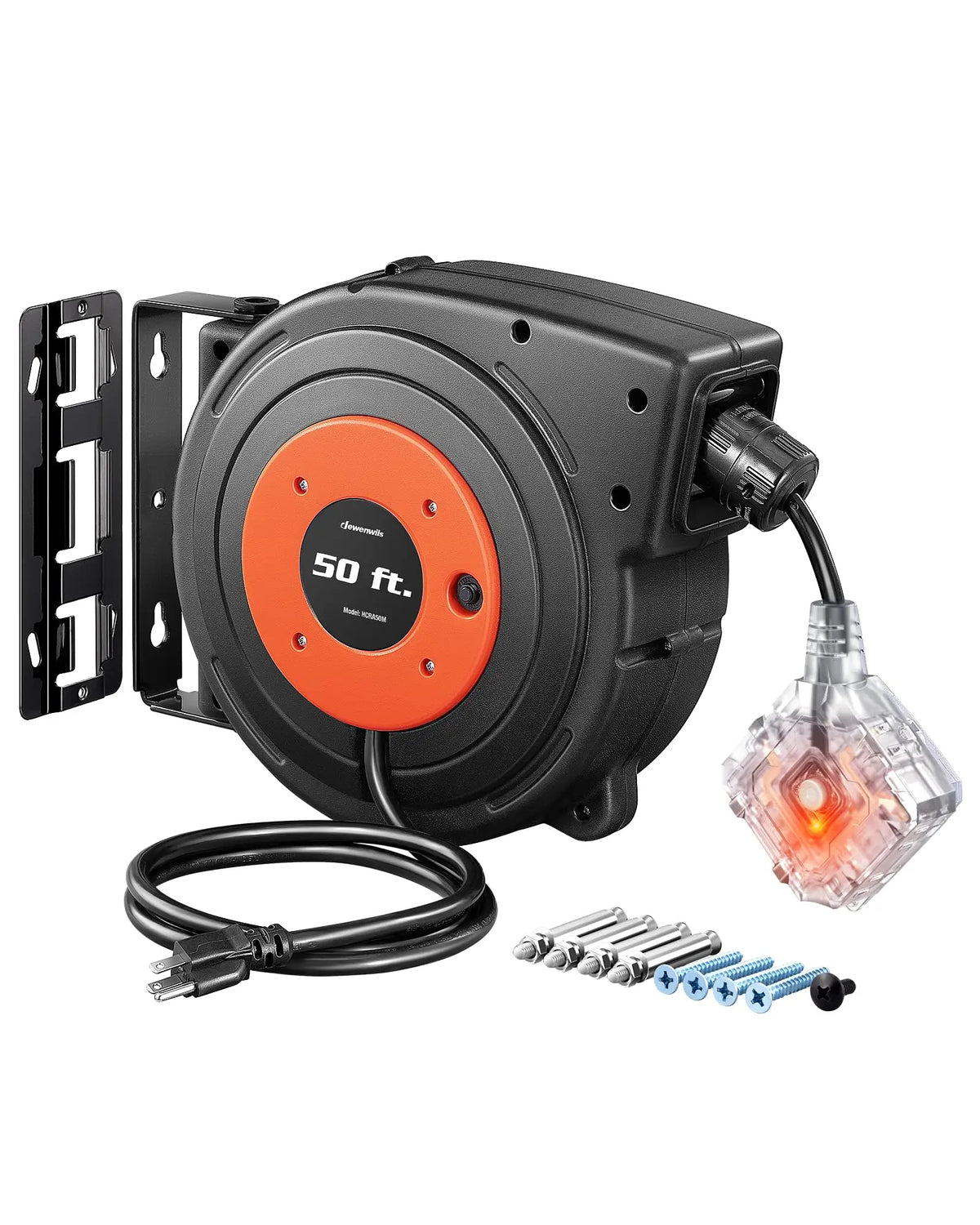 DEWENWILS 50ft Retractable Extension Cord Reel, Electric Cord Reel with 14AWG/3C SJTOW, 13A Circuit Breaker, Wall/Ceiling Mounted, 3-Lighted Triple Outlets, Blue Black-SHCRA50D
