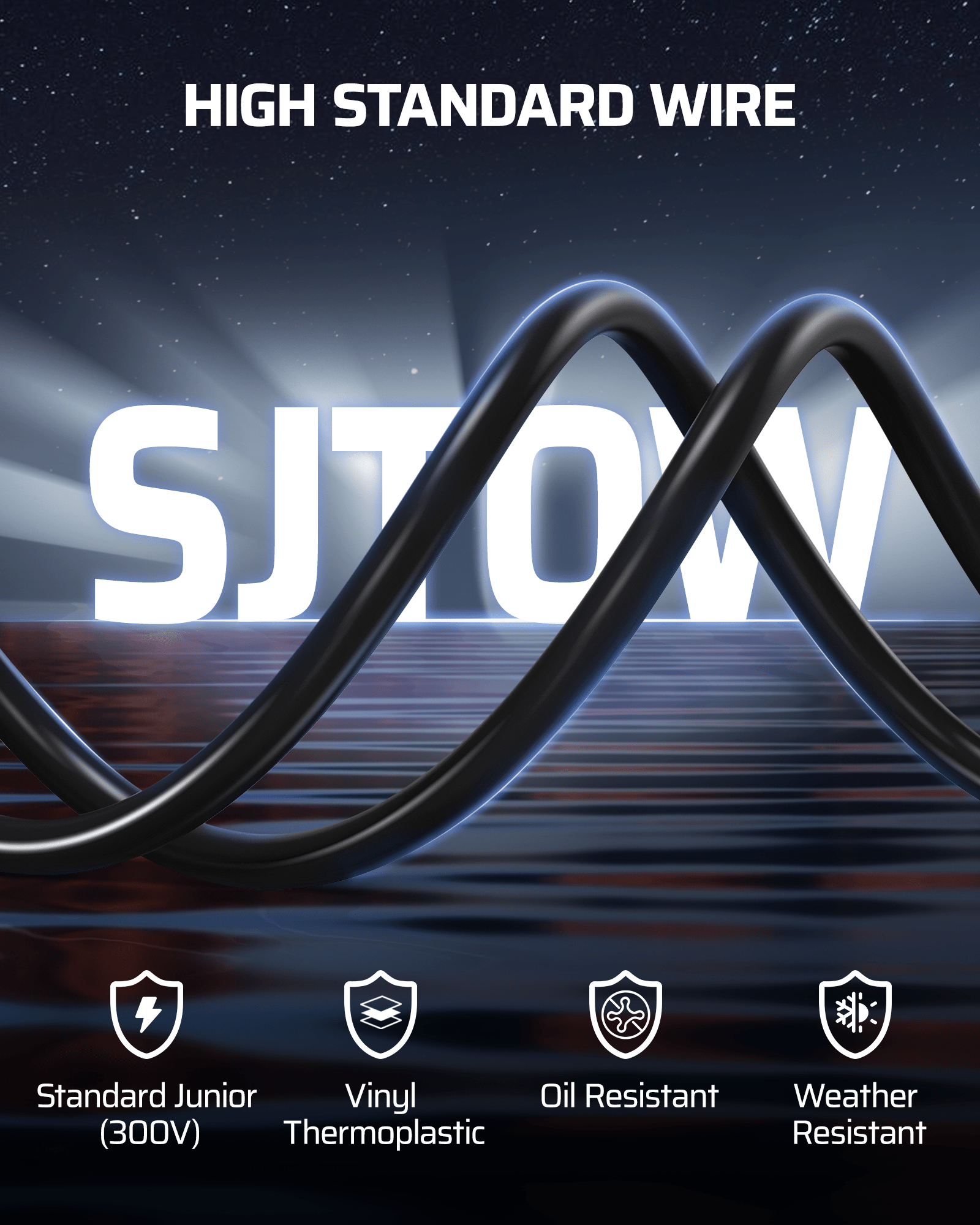 50FT Extension Cord Reel: Heavy-duty 300V SJTOW cord with oil and weather-resistant vinyl thermoplastic jacket. Durable, flexible, and safe for all-season use.