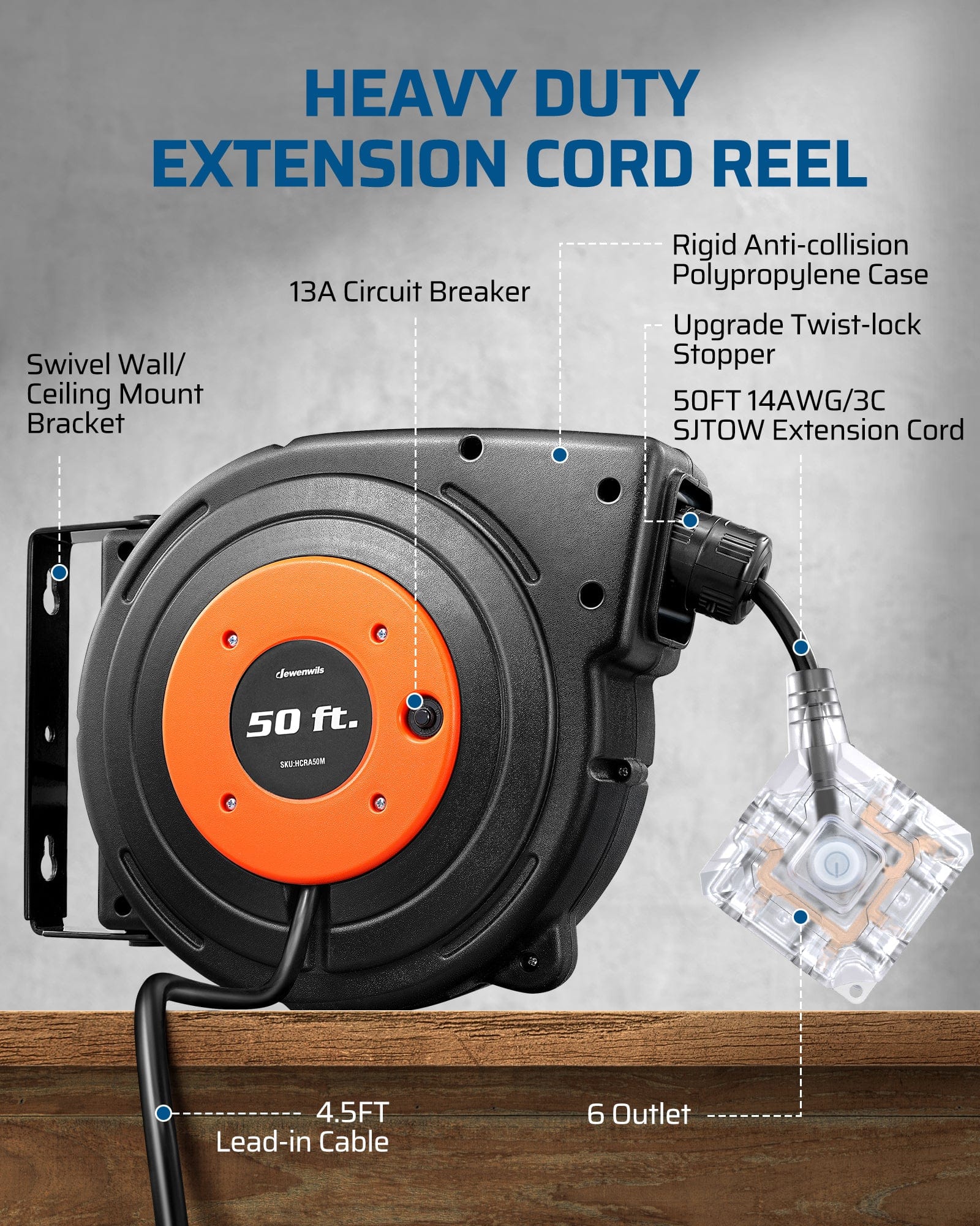 DEWENWILS 50FT Extension Cord Reel: 14AWG/3C SJTOW cord, 6 outlets, and 13A circuit breaker. Features an anti-collision case, swivel mount, and twist-lock stopper.
