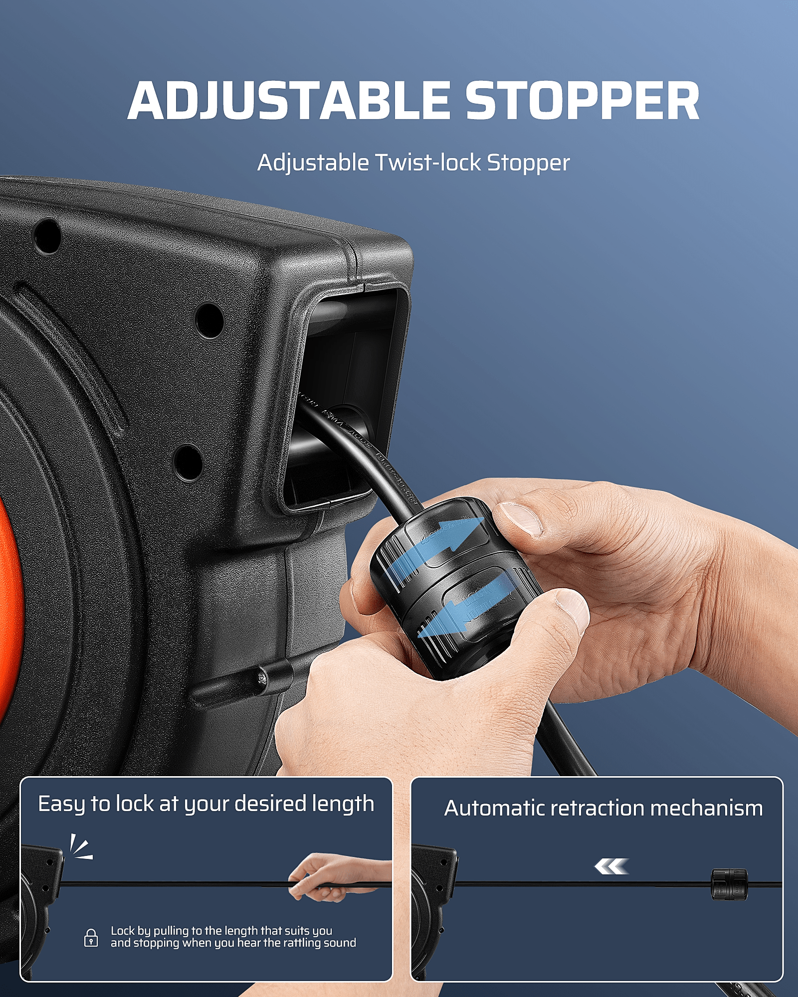 DEWENWILS 50FT Extension Cord Reel: Features an upgraded adjustable twist-lock stopper to set the perfect cord length and prevent retraction during use.