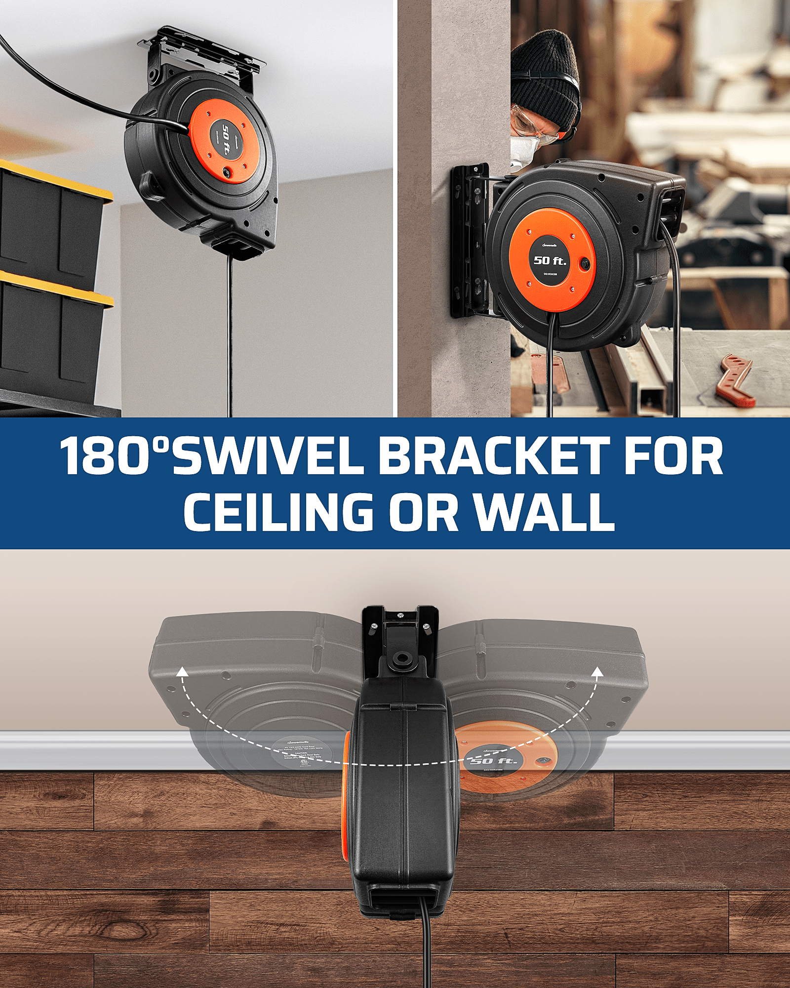 DEWENWILS 50FT Extension Cord Reel: 180° swivel bracket for ceiling or wall mounting. Provides flexible, wide-range power access across your entire workspace.