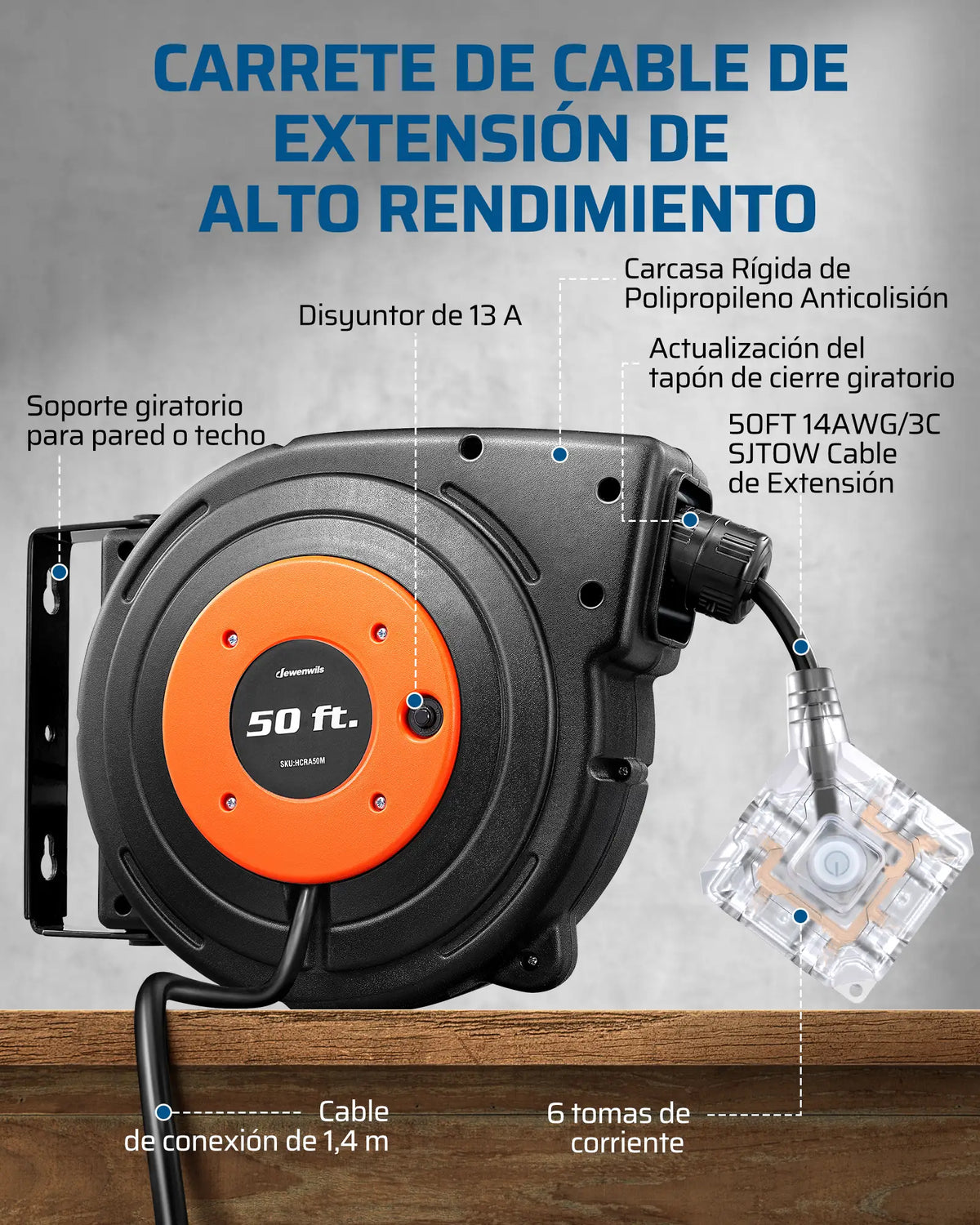 DEWENWILS 50ft Retractable Extension Cord Reel, Electric Cord Reel with 14AWG/3C SJTOW, 13A Circuit Breaker, Wall/Ceiling Mounted, 3-Lighted Triple Outlets, Blue Black-SHCRA50D