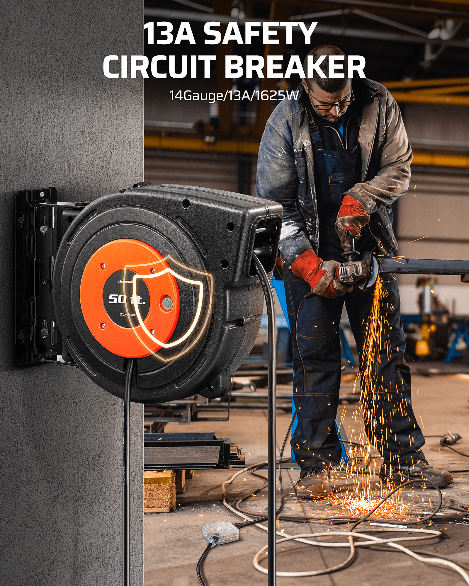 DEWENWILS 50FT Extension Cord Reel: 13A safety circuit breaker protects against overloads. Rated for 1625W/14AWG, ensuring reliable power for heavy-duty tools.