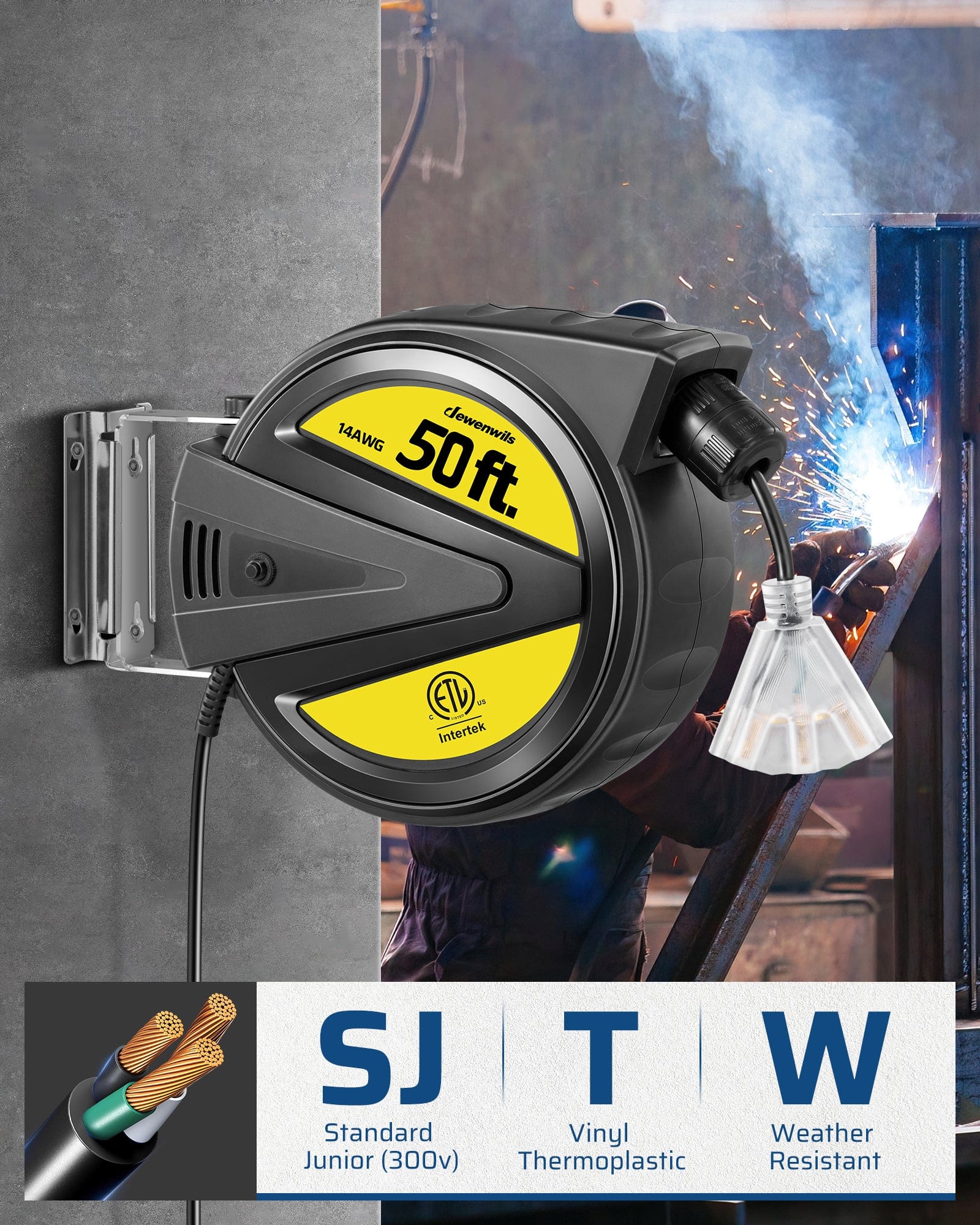 50FT Extension Cord Reel: Heavy-duty SJTW 300V weather-resistant cord