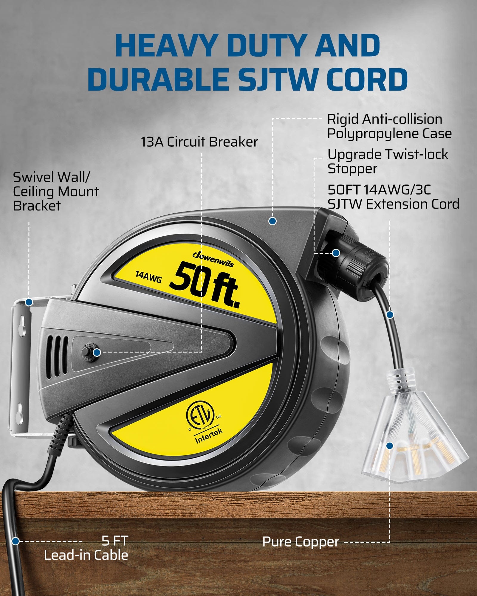 50FT 14AWG Extension Cord Reel: Heavy-duty SJTW cord with 13A breaker, swivel mount, and pure copper lead-in. Features anti-collision case and twist-lock stopper