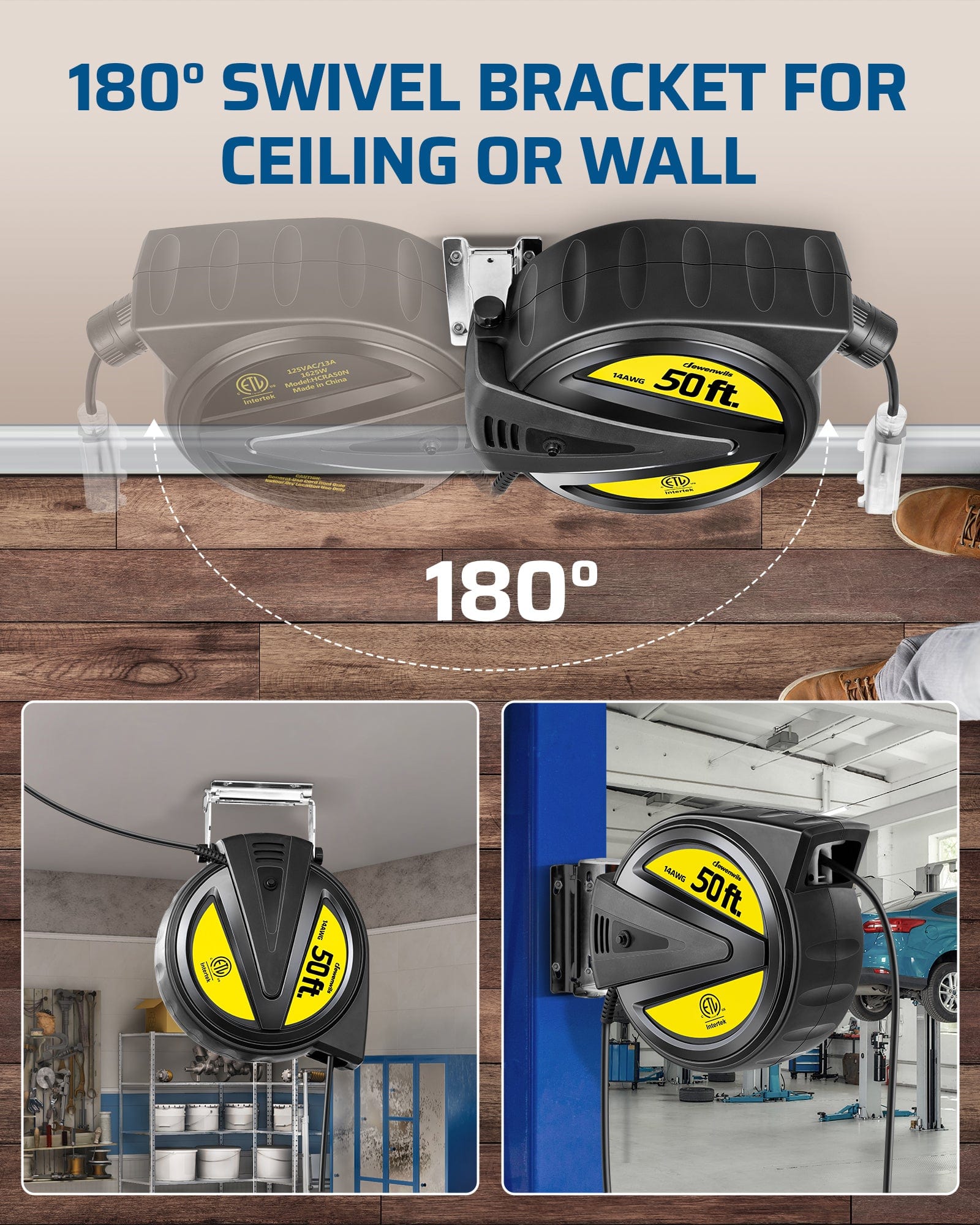 50FT Extension Cord Reel: Features an 180° swivel bracket for ceiling or wall mounting, providing flexible reach and convenient power access from any direction.