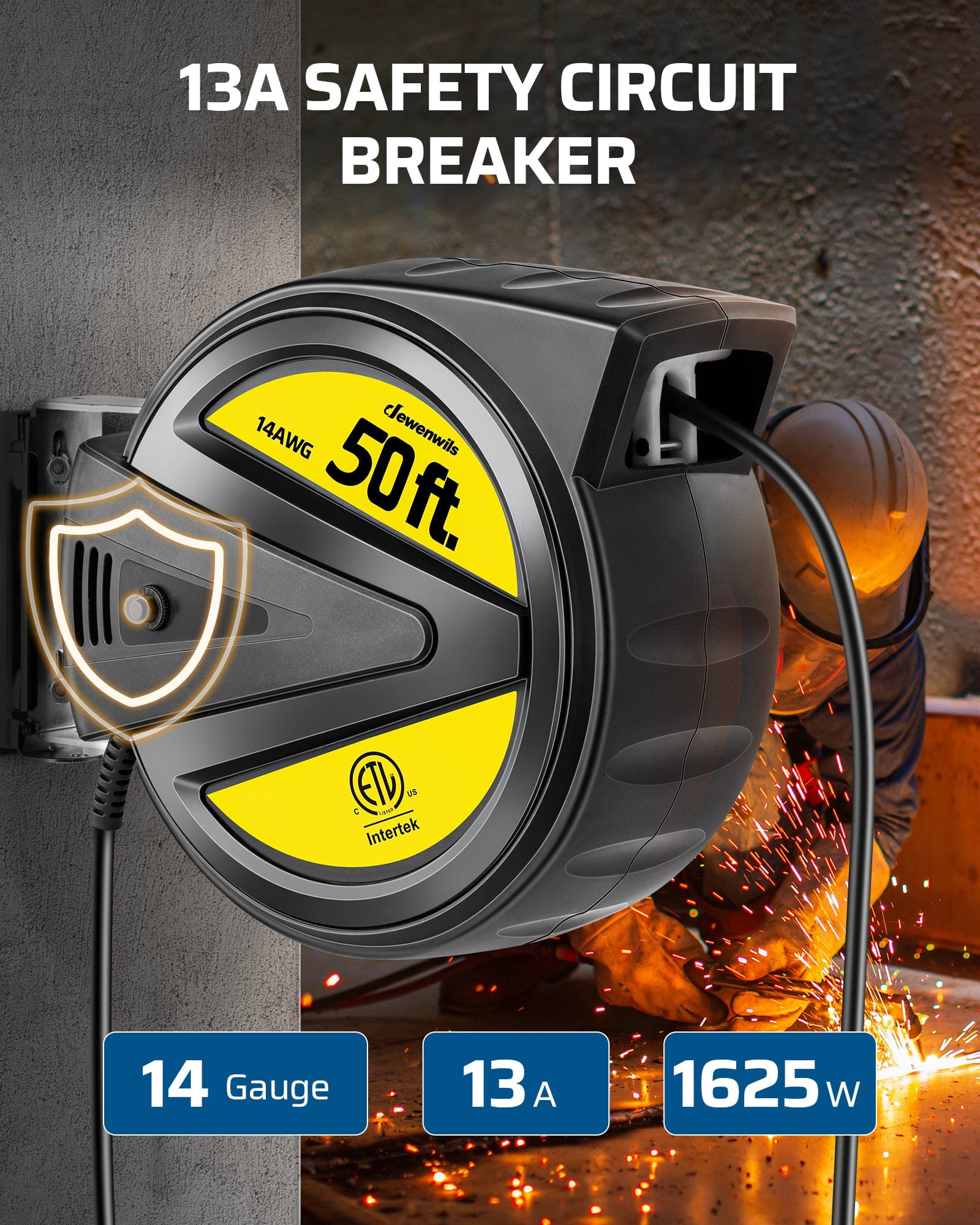 50FT Extension Cord Reel: Heavy-duty 14AWG 14 gauge cord supports 13A/1625W. Features an Intertek-certified safety circuit breaker for overload protection.