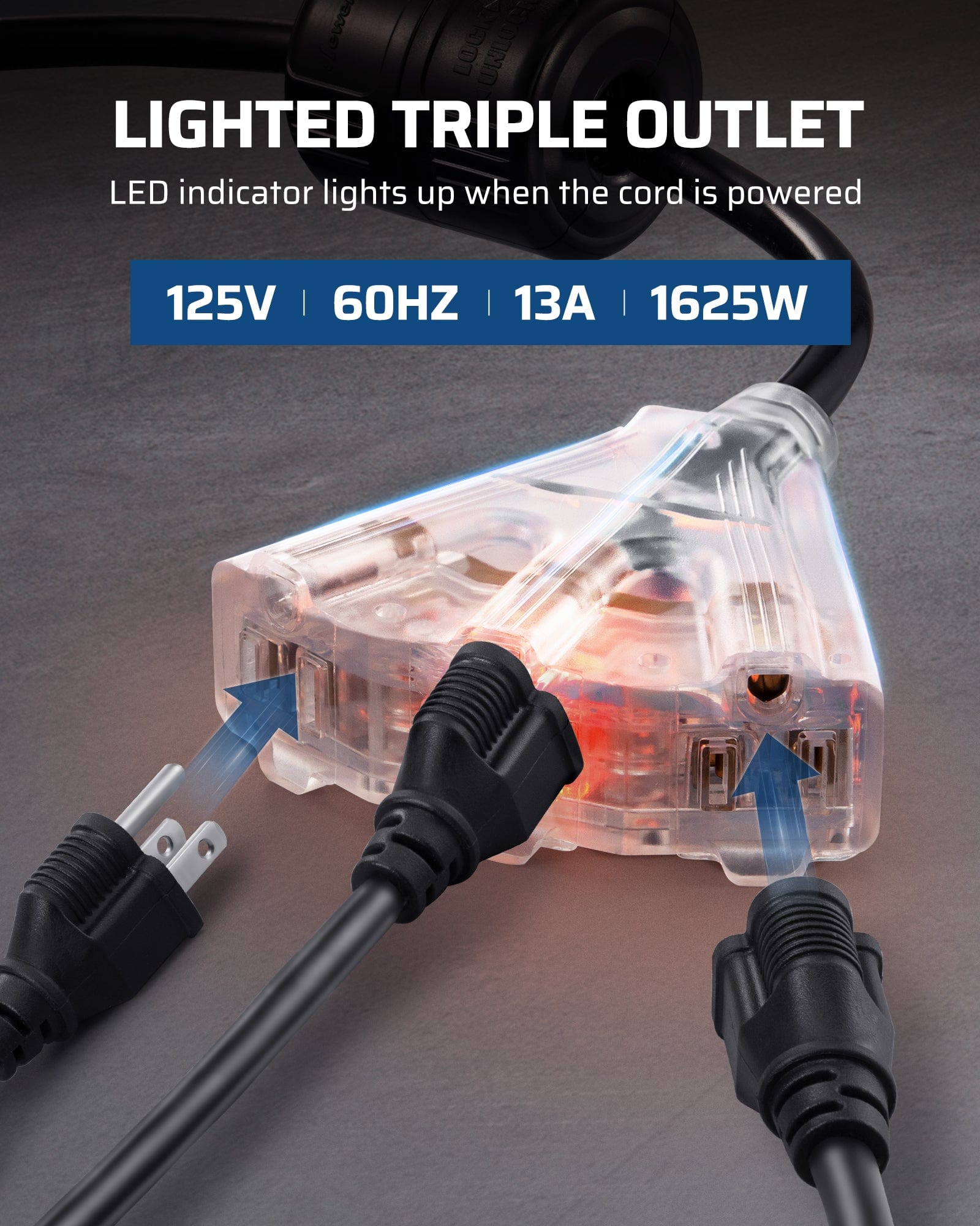 50FT Extension Cord Reel: Features a lighted triple outlet with LED power indicator. Supports 125V/13A/1625W for visible, multi-device power connectivity.