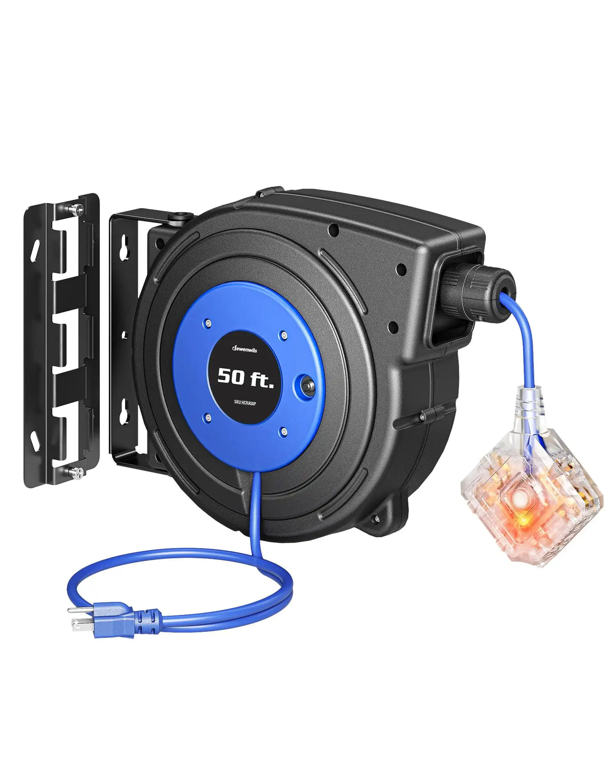 DEWENWILS 50ft Retractable Extension Cord Reel, Electric Cord Reel with 14AWG/3C SJTOW, 13A Circuit Breaker, Wall/Ceiling Mounted, 3-Lighted Triple Outlets, Blue Black-SHCRA50D