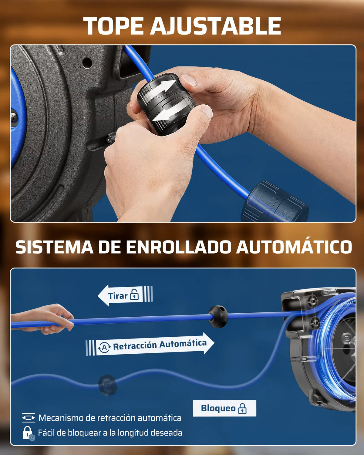 DEWENWILS 50ft Retractable Extension Cord Reel, Electric Cord Reel with 14AWG/3C SJTOW, 13A Circuit Breaker, Wall/Ceiling Mounted, 3-Lighted Triple Outlets, Blue Black-SHCRA50D