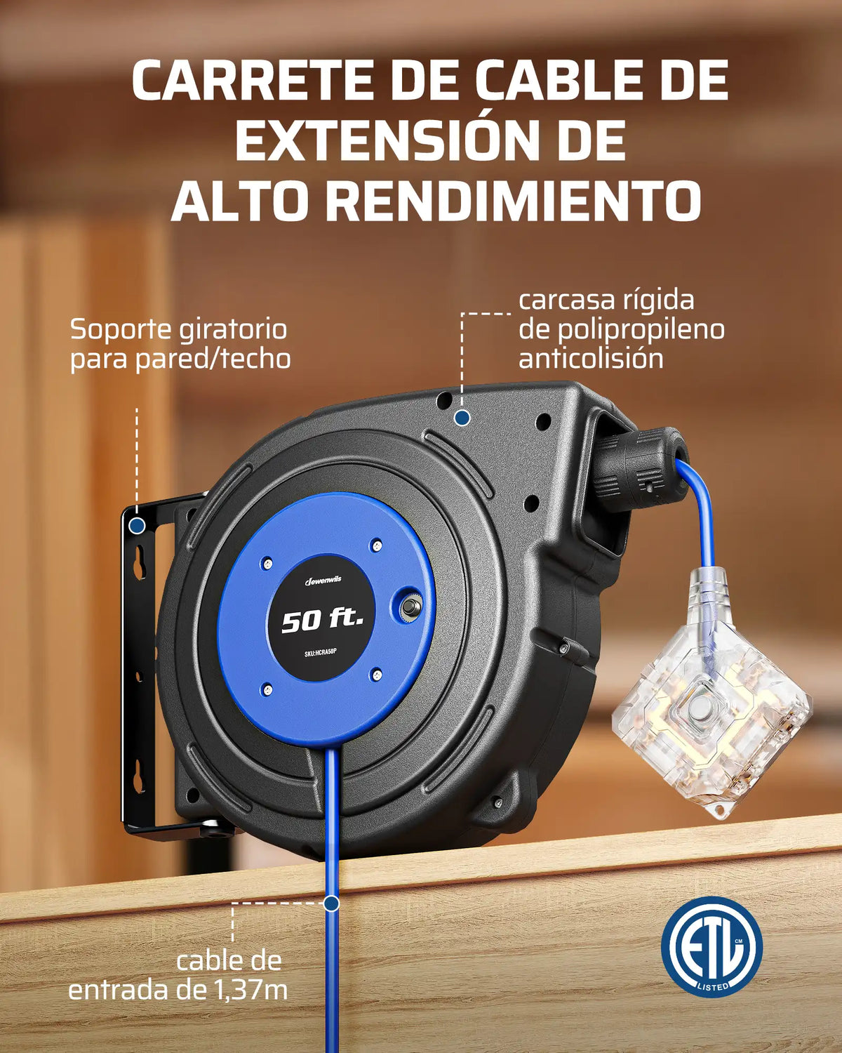 DEWENWILS 50ft Retractable Extension Cord Reel, Electric Cord Reel with 14AWG/3C SJTOW, 13A Circuit Breaker, Wall/Ceiling Mounted, 3-Lighted Triple Outlets, Blue Black-SHCRA50D