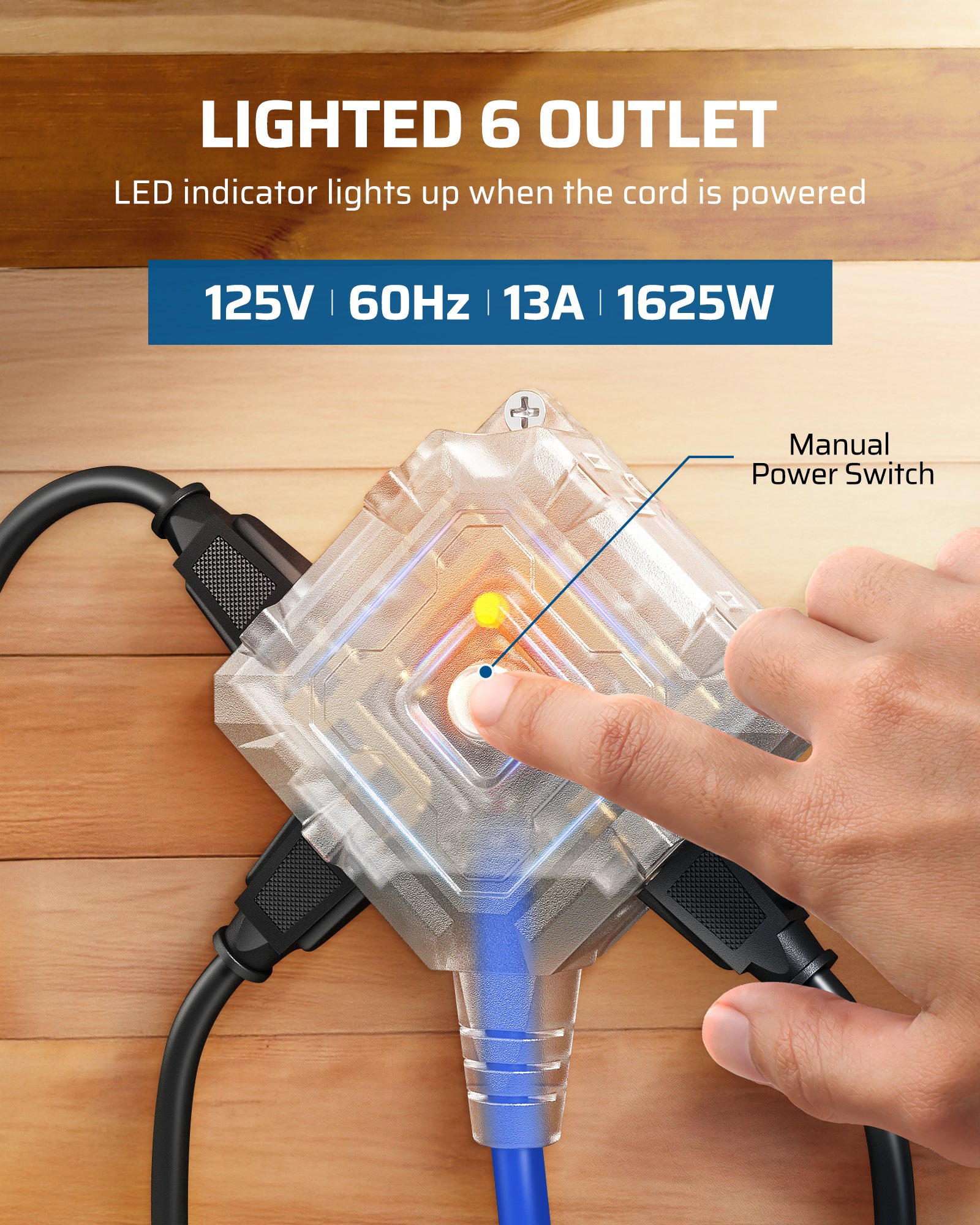 50FT Extension Cord Reel: Lighted 6-outlet power block (13A/1625W) with LED indicators to show power status. Features a grounded design for safe, multi-device use.