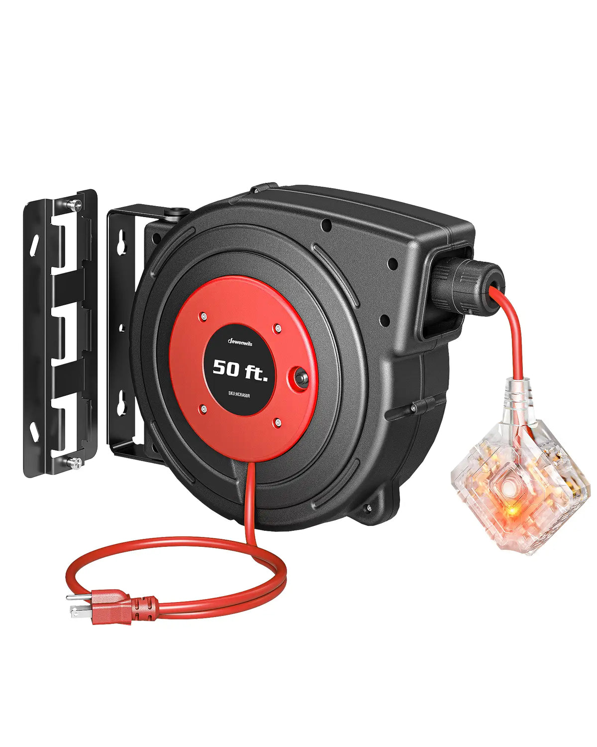 DEWENWILS 50ft Retractable Extension Cord Reel, Electric Cord Reel with 14AWG/3C SJTOW, 13A Circuit Breaker, Wall/Ceiling Mounted, 3-Lighted Triple Outlets, Blue Black-SHCRA50D