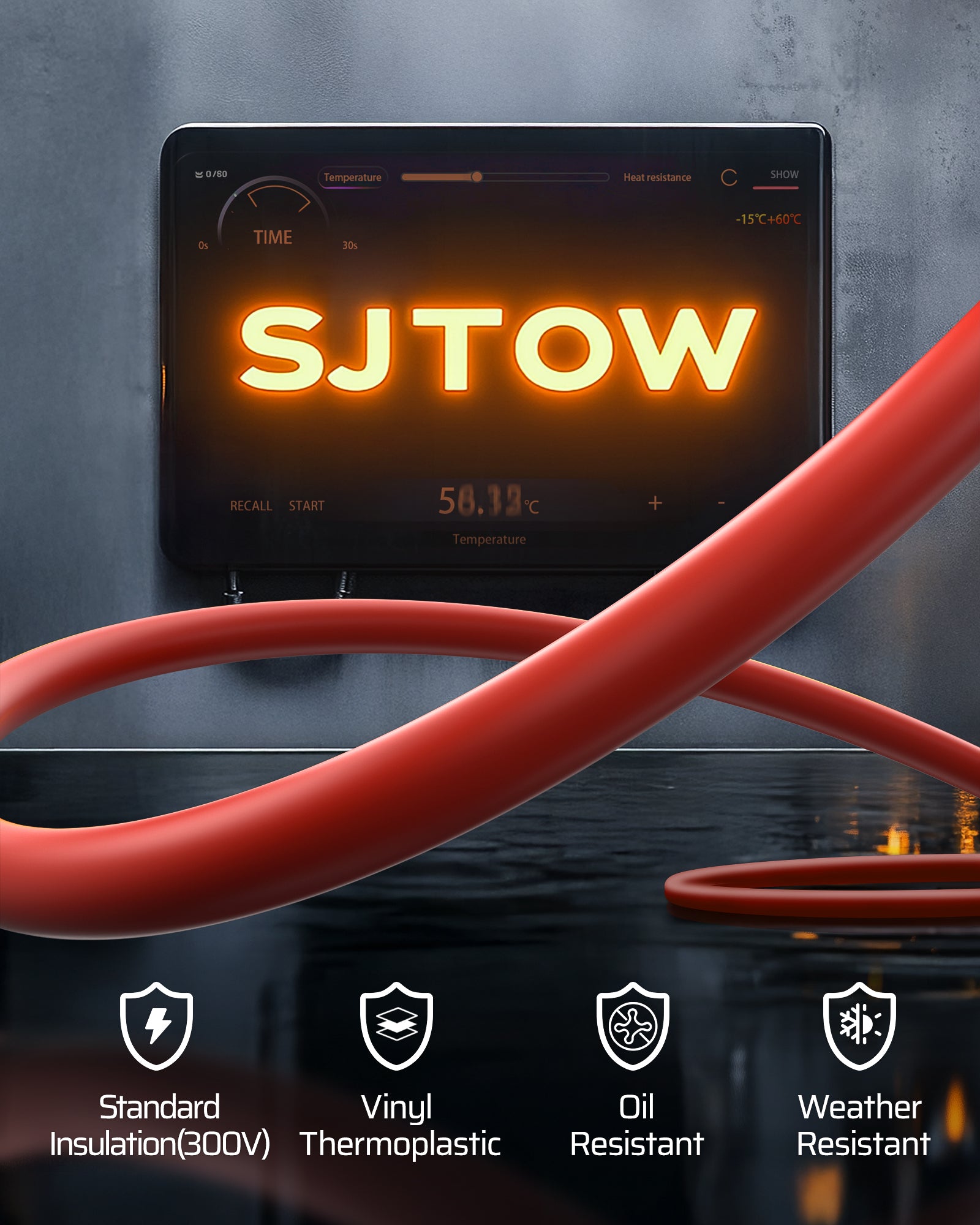 50FT Extension Cord Reel: Featuring SJTOW vinyl insulation (300V), this cord is oil, weather, and thermoplastic resistant for rugged, long-lasting performance.