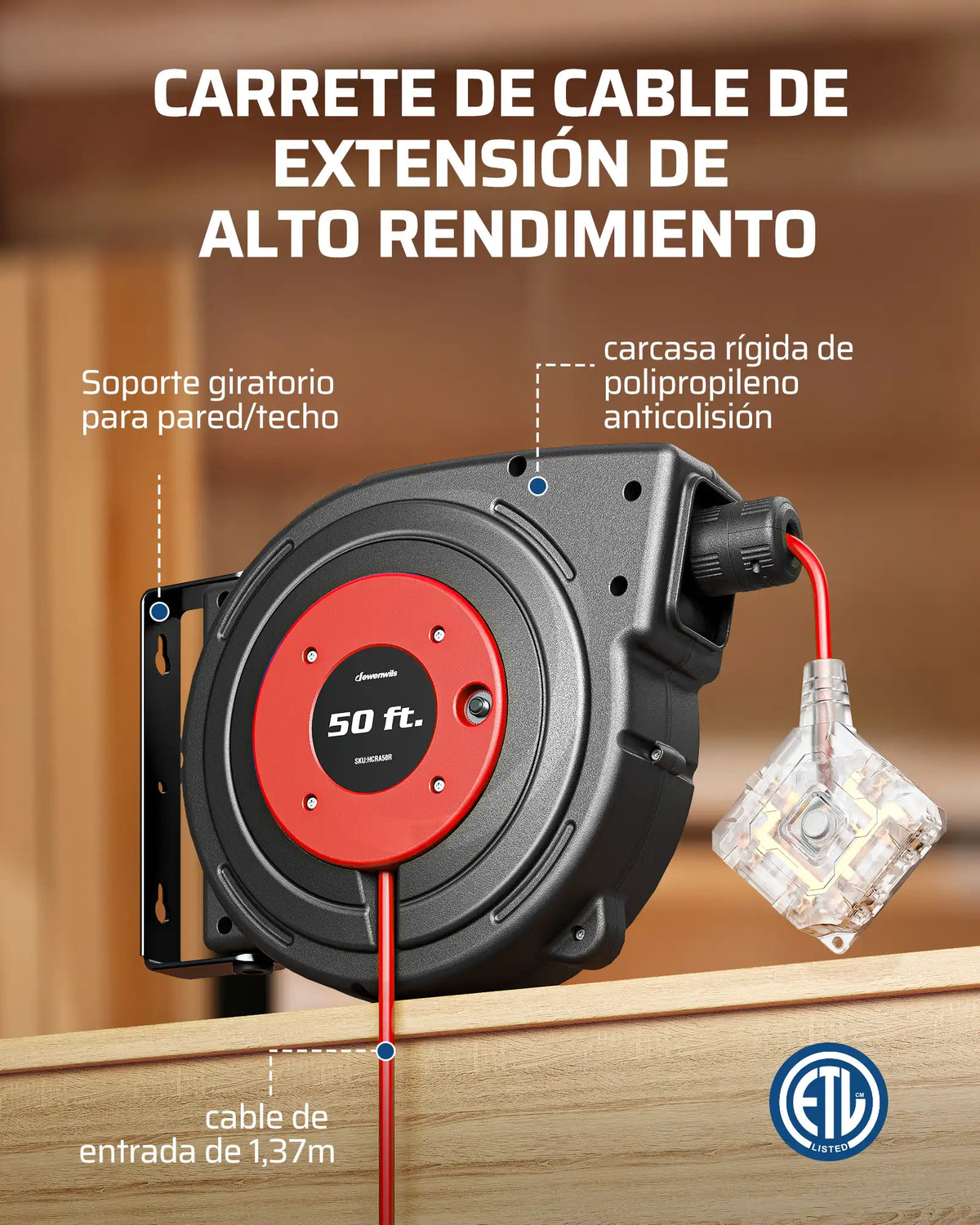 DEWENWILS 50ft Retractable Extension Cord Reel, Electric Cord Reel with 14AWG/3C SJTOW, 13A Circuit Breaker, Wall/Ceiling Mounted, 3-Lighted Triple Outlets, Blue Black-SHCRA50D