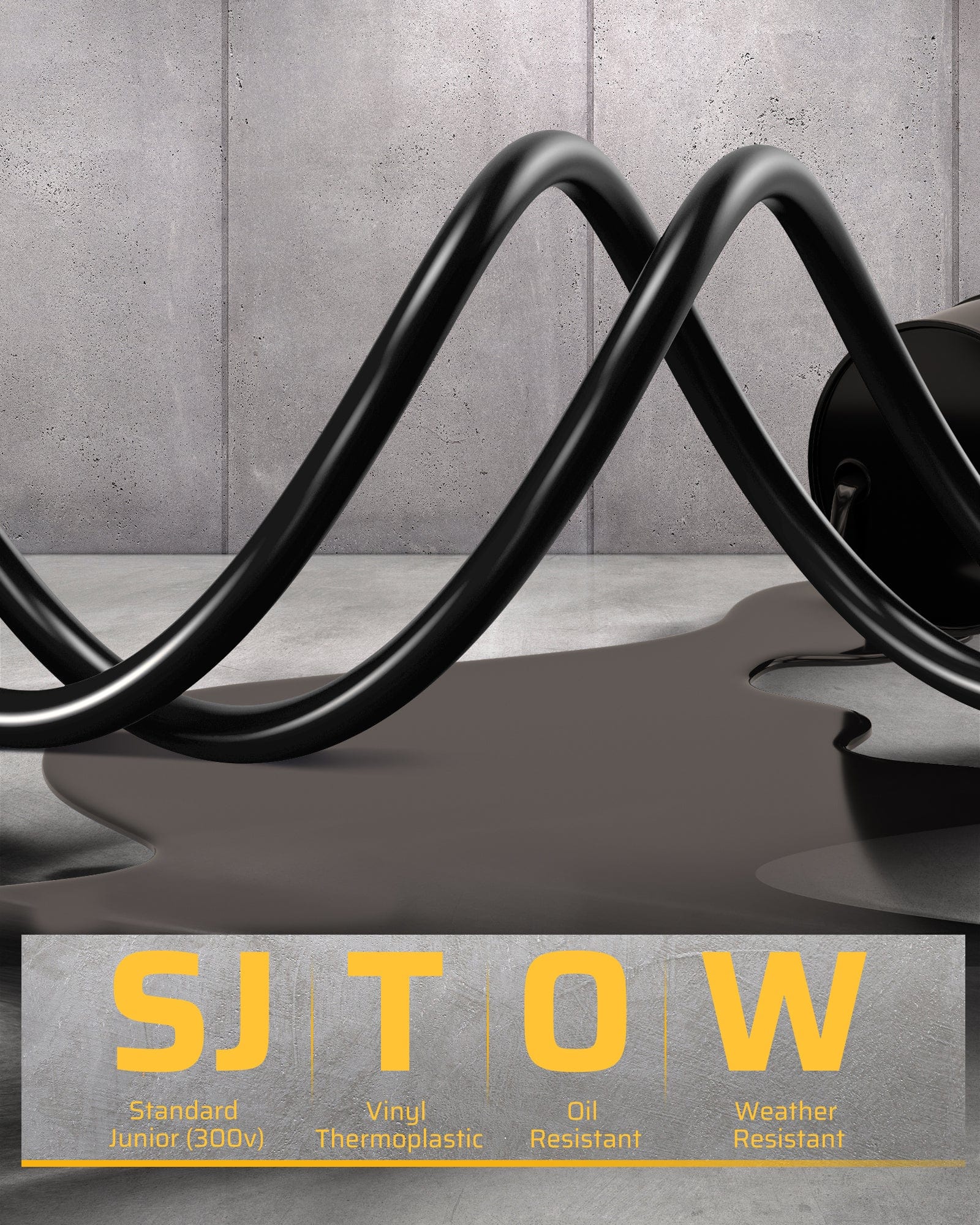 60ft Retractable Extension Cord Reel: 12AWG/3C SJTOW heavy duty cable, weather/oil resistant, 300V thermoplastic junior jacket, UL listed for garage and workshop use.