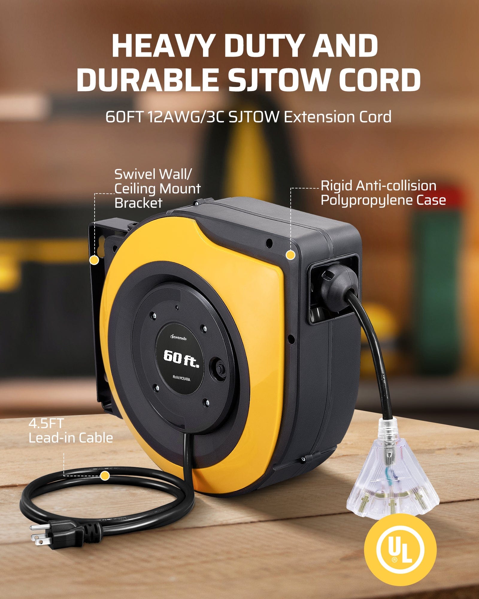60ft Retractable Extension Cord Reel: 12AWG/3C SJTOW heavy duty cord, swivel wall/ceiling mount, rigid anti-collision case, 4.5FT lead-in, durable and reliable.