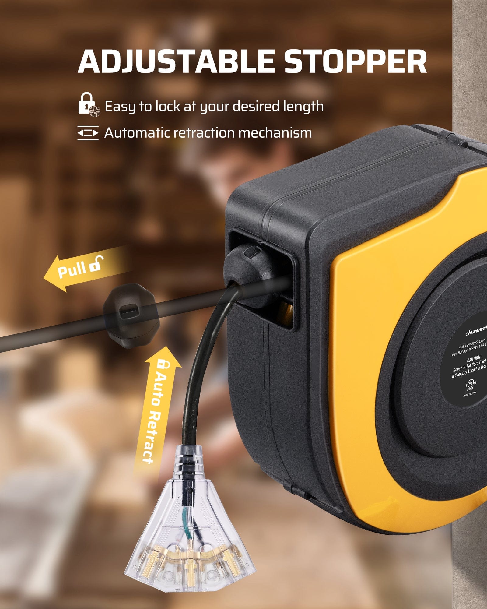 60ft Retractable Extension Cord Reel: Adjustable stopper for custom length locking and automatic retraction mechanism for easy, organized storage and cable control