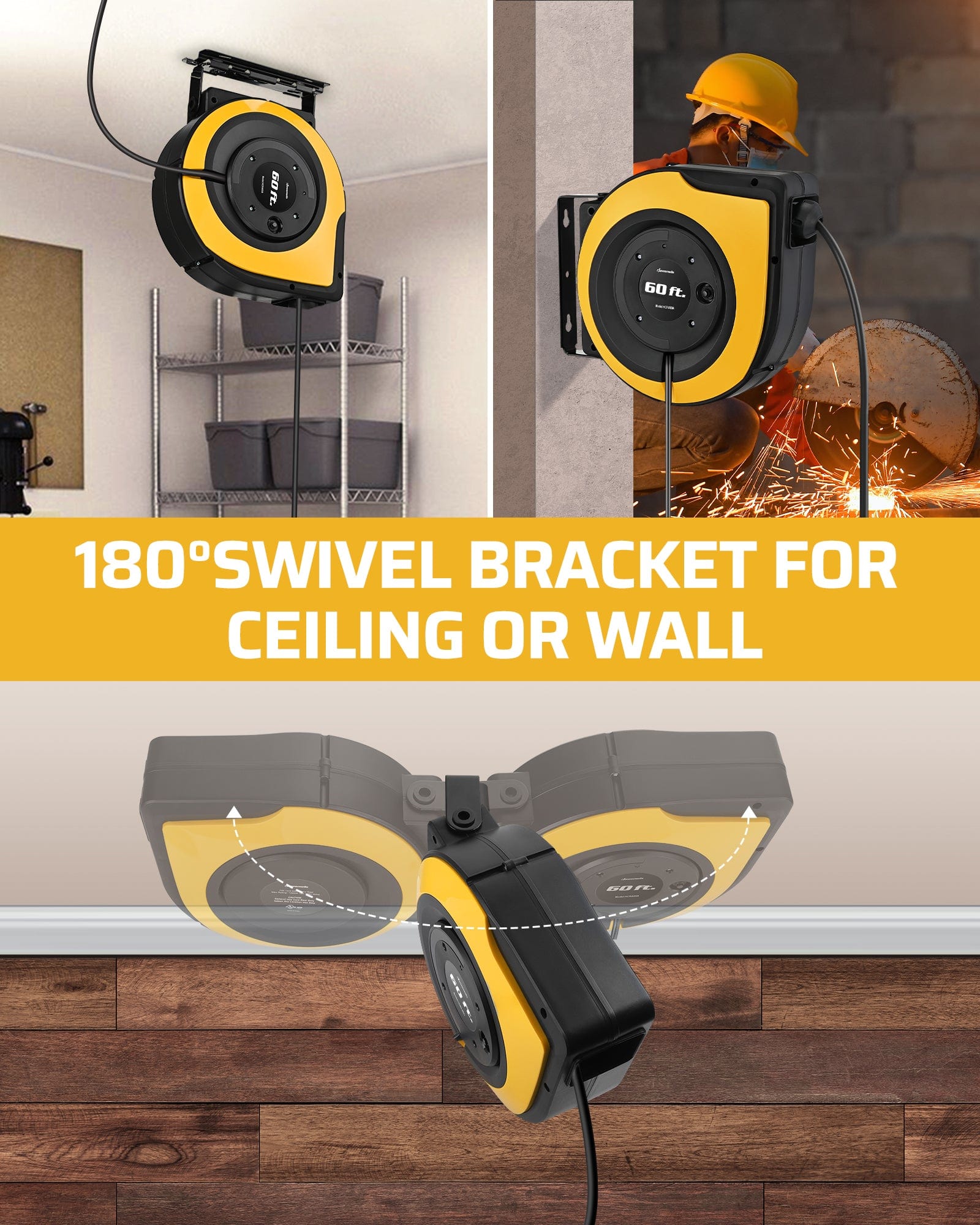 60ft Retractable Extension Cord Reel: 180° swivel bracket for ceiling or wall mounting, providing flexible reach and convenient overhead storage in any workspace
