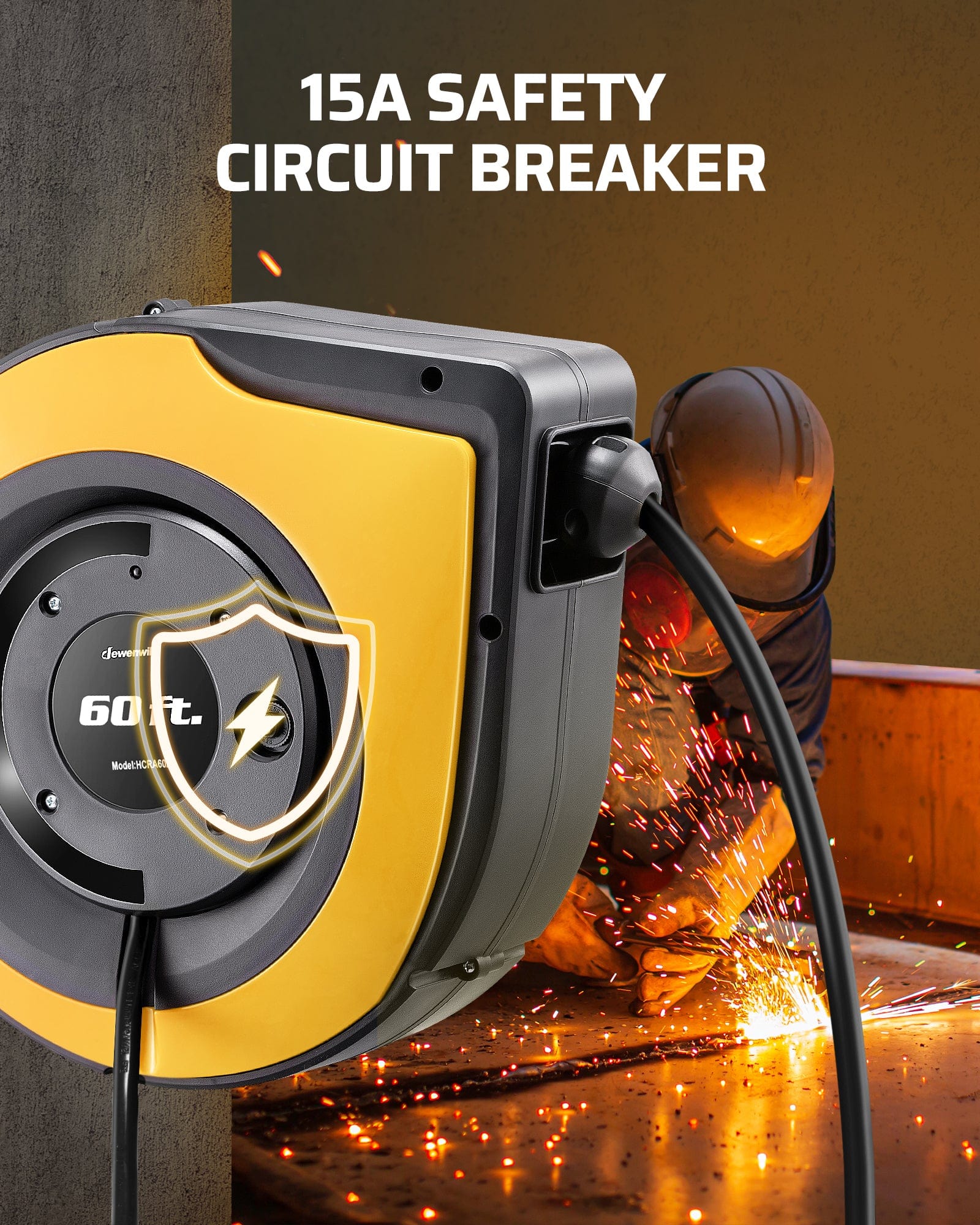 60ft Retractable Extension Cord Reel: Built-in 15A safety circuit breaker protects against short circuits and overloads to ensure safe, reliable heavy-duty use