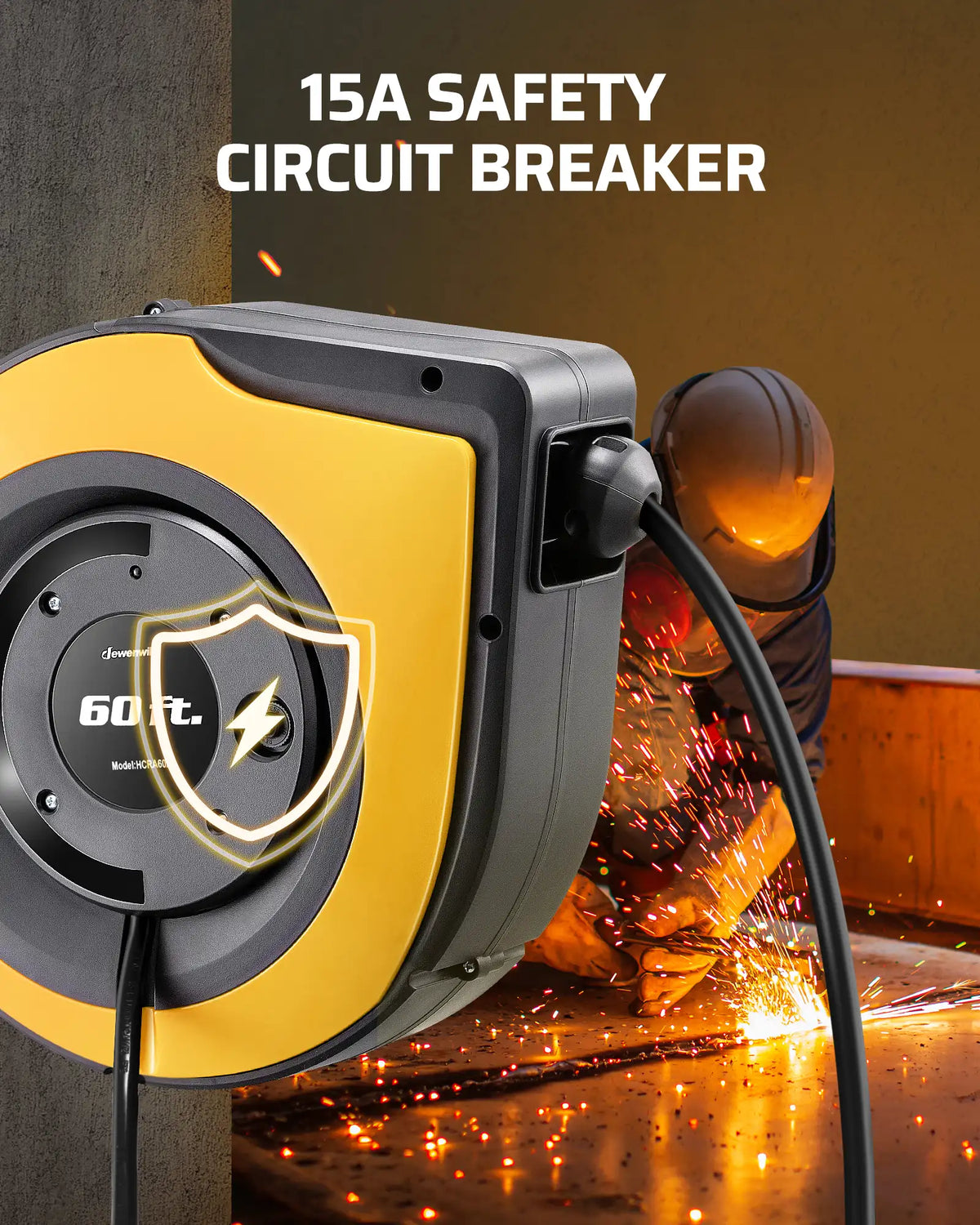 DEWENWILS Extension Cord Reel, 60FT Retractable Cord Reel, 12AWG/3C SJTOW, Lighted Triple Tap Outlets, Retractable Extension Cord Reel, 15A Circuit Breaker, Wall/Ceiling Mounted Heavy Duty Power Cord-HCRA60S