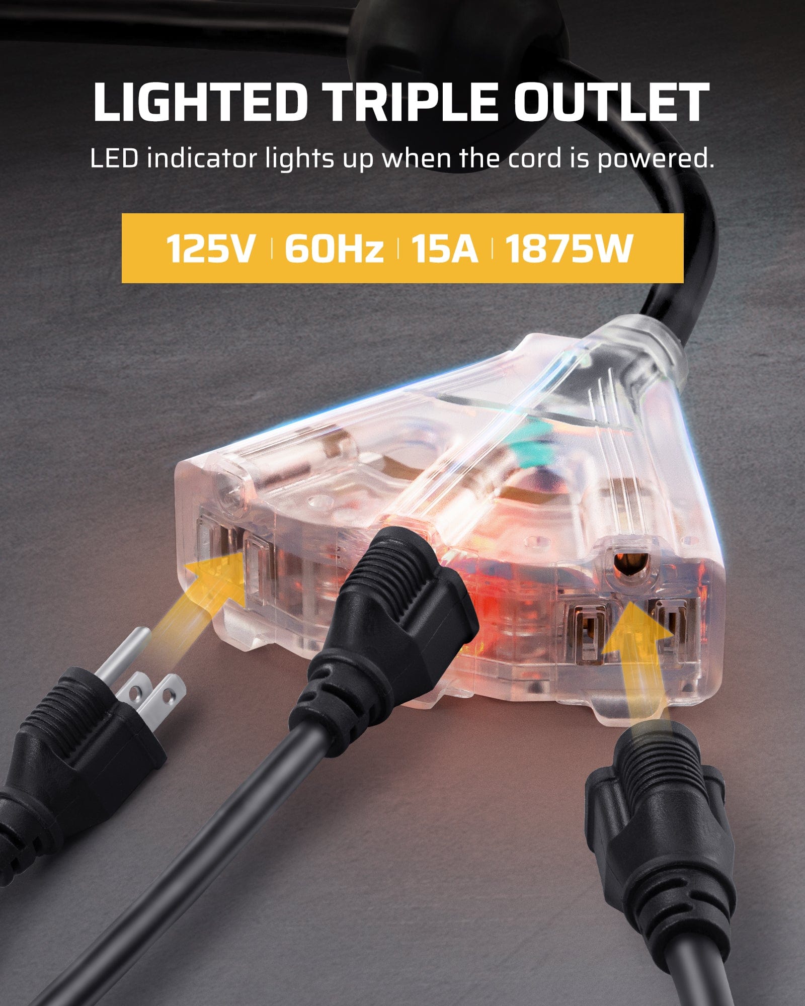 60ft Retractable Extension Cord Reel: Lighted triple outlet with LED indicator, 125V/60Hz/15A/1875W capacity, allows safe monitoring and multi-device use in the dark.