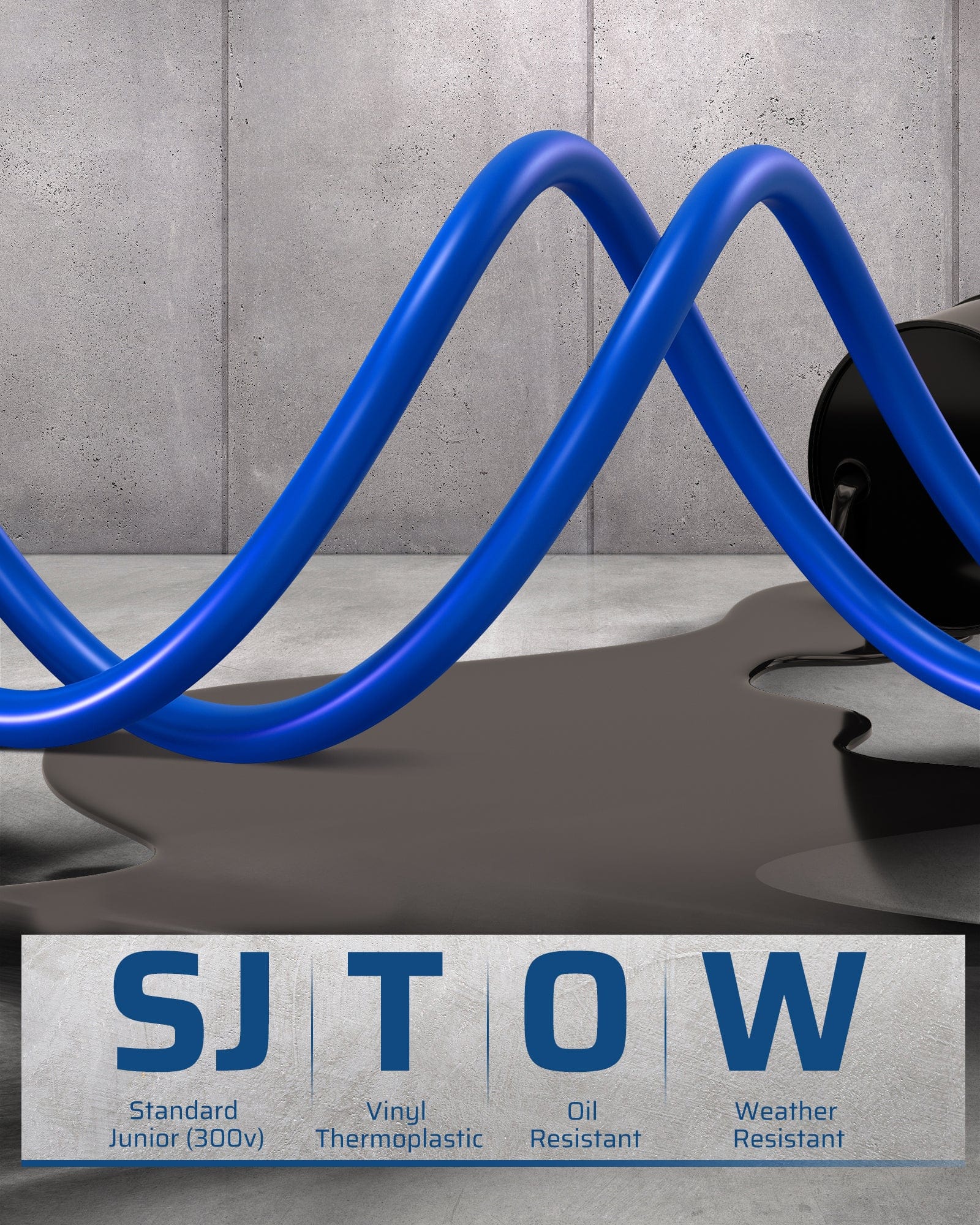 SJTOW: Standard Junior (300V) Thermoplastic, Vinyl, Oil and Weather Resistant.