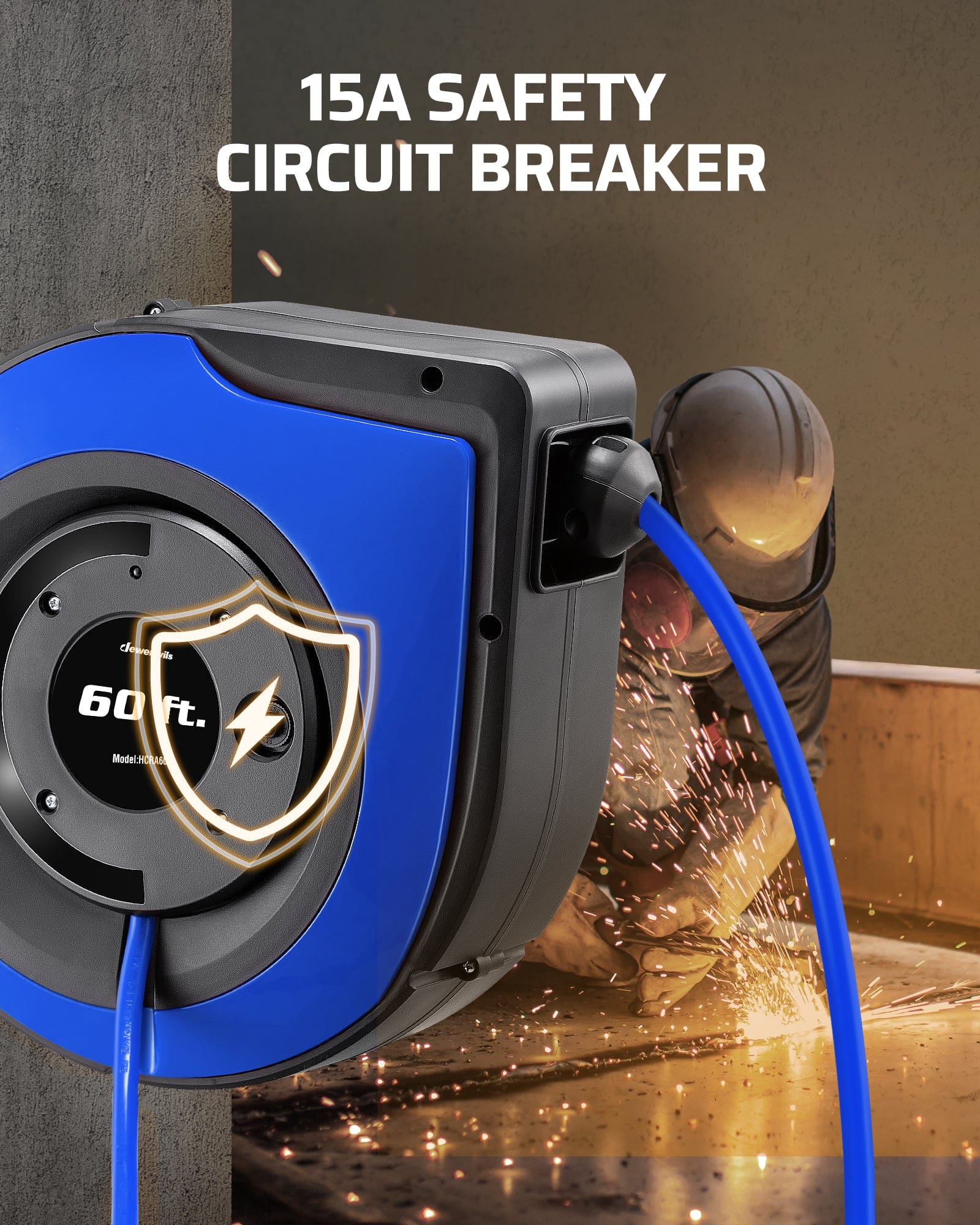60ft Retractable Cord Reel: Features a 15A safety circuit breaker that protects against overloads by automatically cutting power to ensure safe operation.