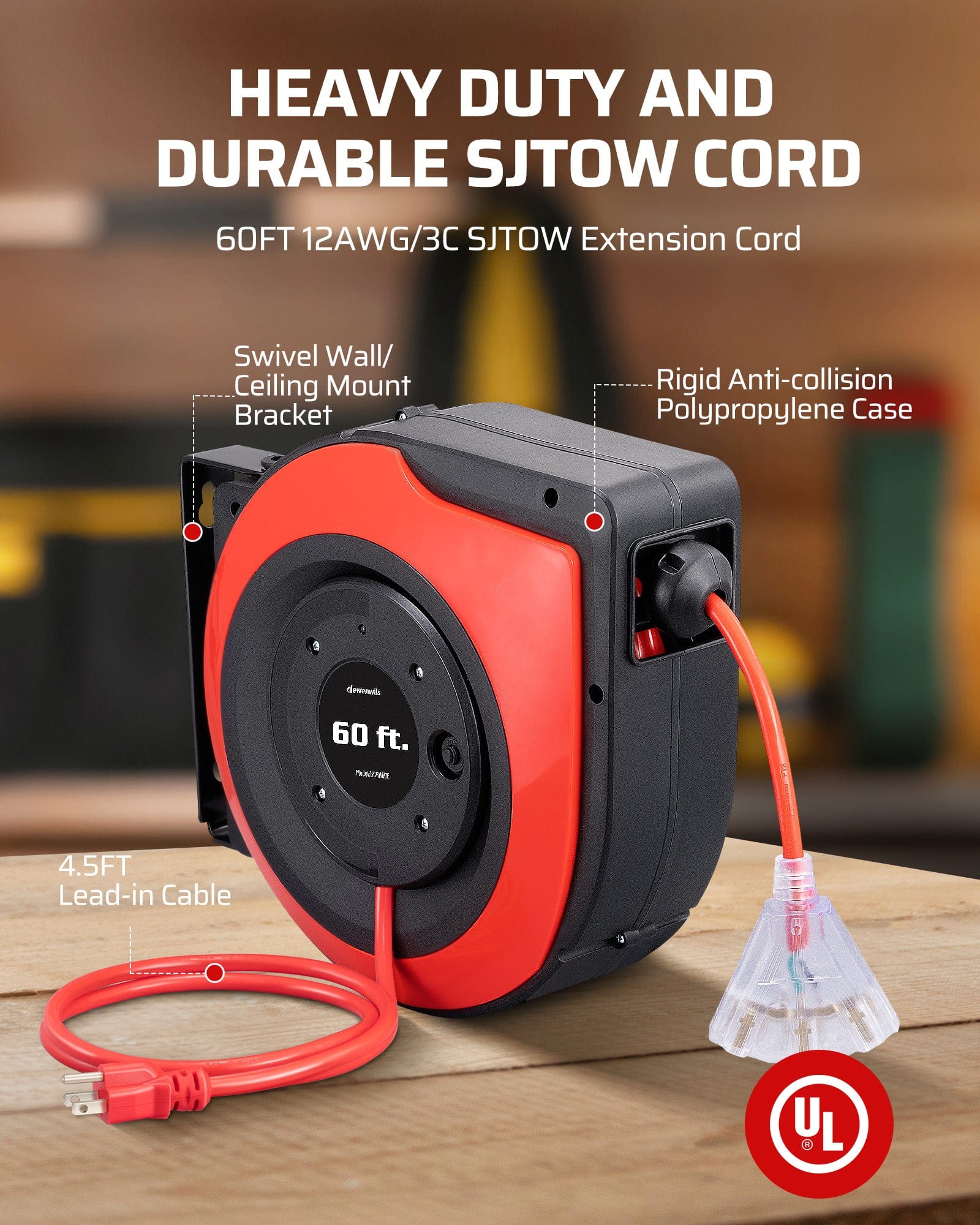 60ft Retractable Extension Cord Reel: Features a heavy-duty 12AWG/3C SJTOW cord protected by a rigid anti-collision polypropylene case; includes a 4.5ft lead-in cable and a swivel wall/ceiling mount bracket.