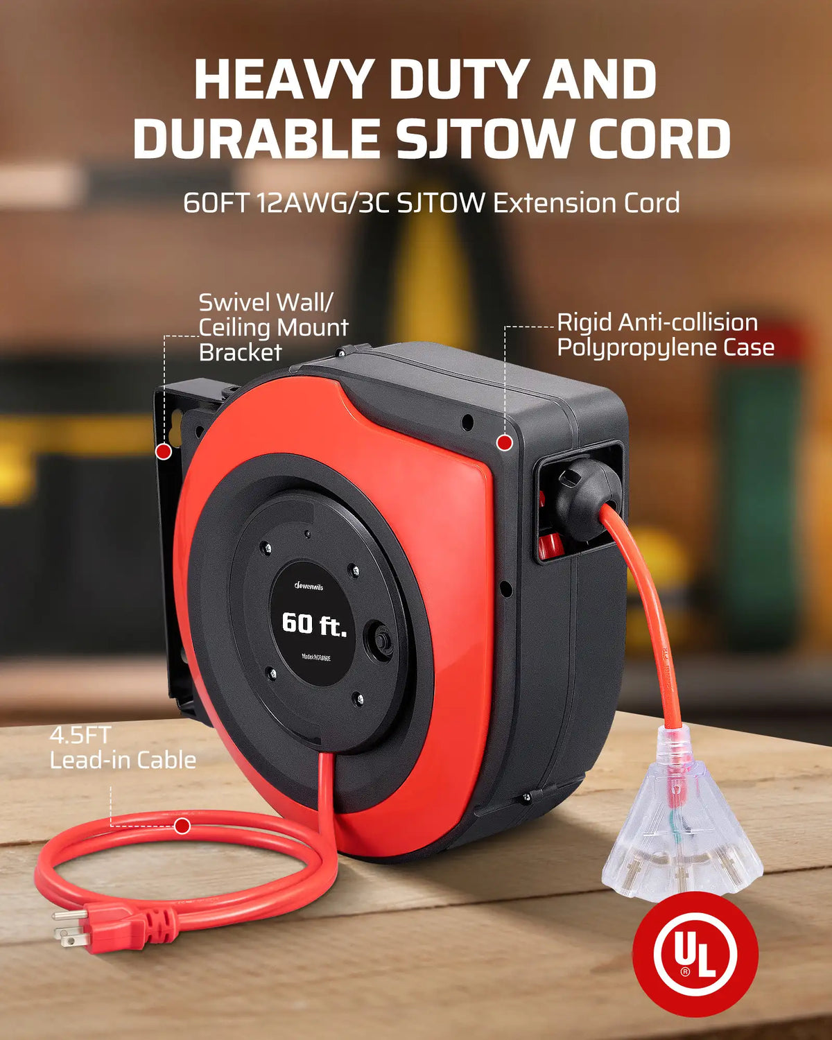 DEWENWILS Extension Cord Reel, 60FT Retractable Cord Reel, 12AWG/3C SJTOW, Lighted Triple Tap Outlets, Retractable Extension Cord Reel, 15A Circuit Breaker, Wall/Ceiling Mounted Heavy Duty Power Cord-HCRA60S