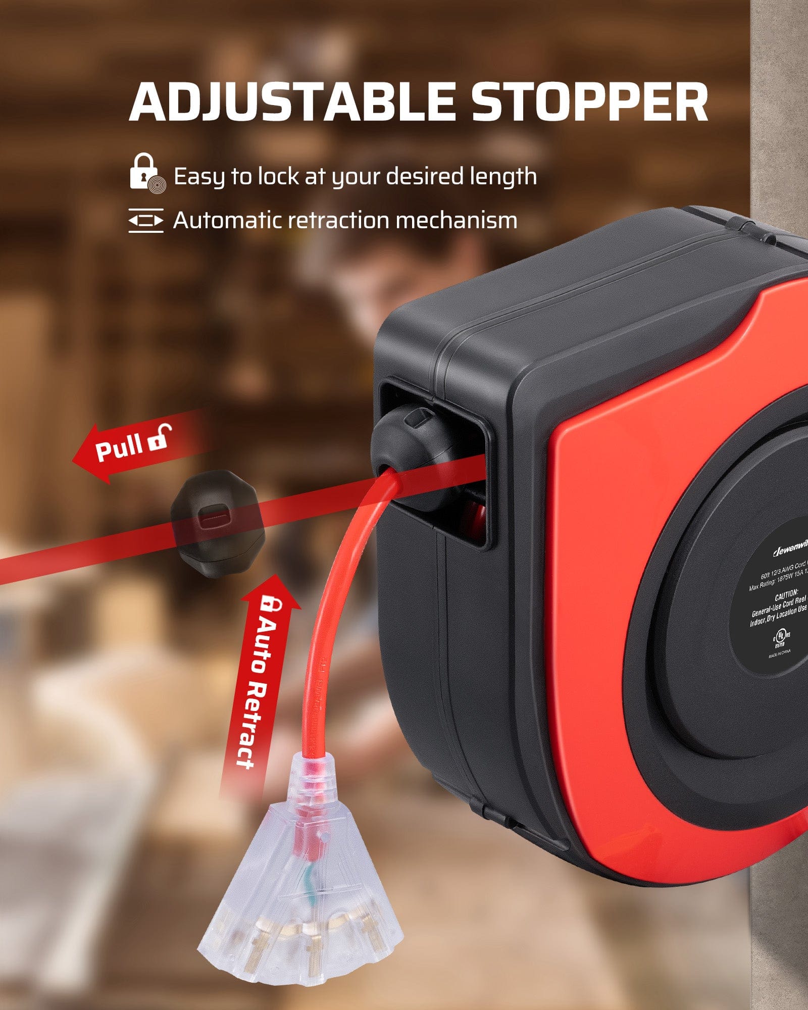 60ft Retractable Extension Cord Reel: Features an adjustable stopper to lock the cord at your desired length and an automatic retraction mechanism for smooth, organized storage.