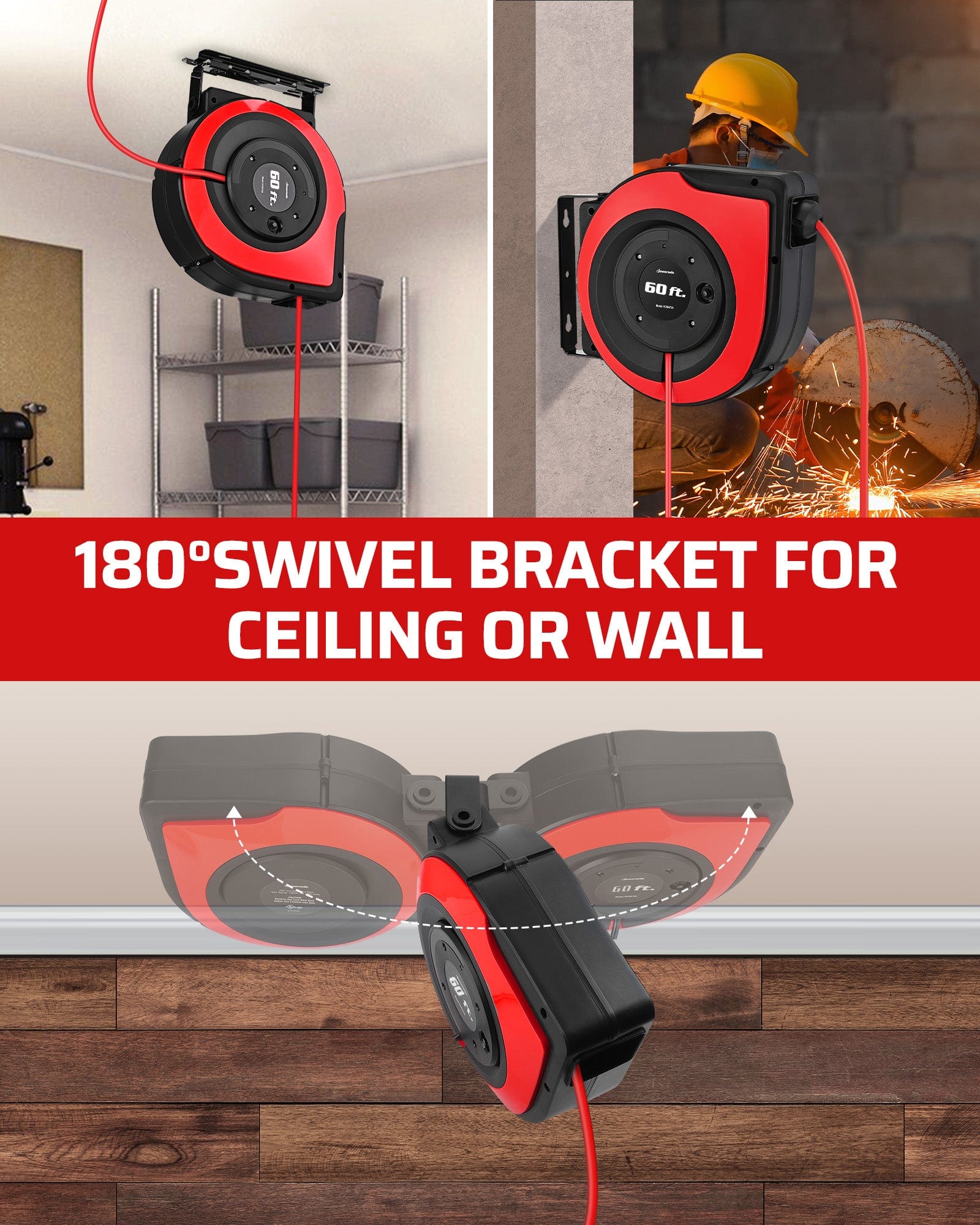 60ft Retractable Extension Cord Reel: Equipped with a 180° swivel bracket for ceiling or wall mounting, providing flexible rotation and easy access from any direction in your workspace.