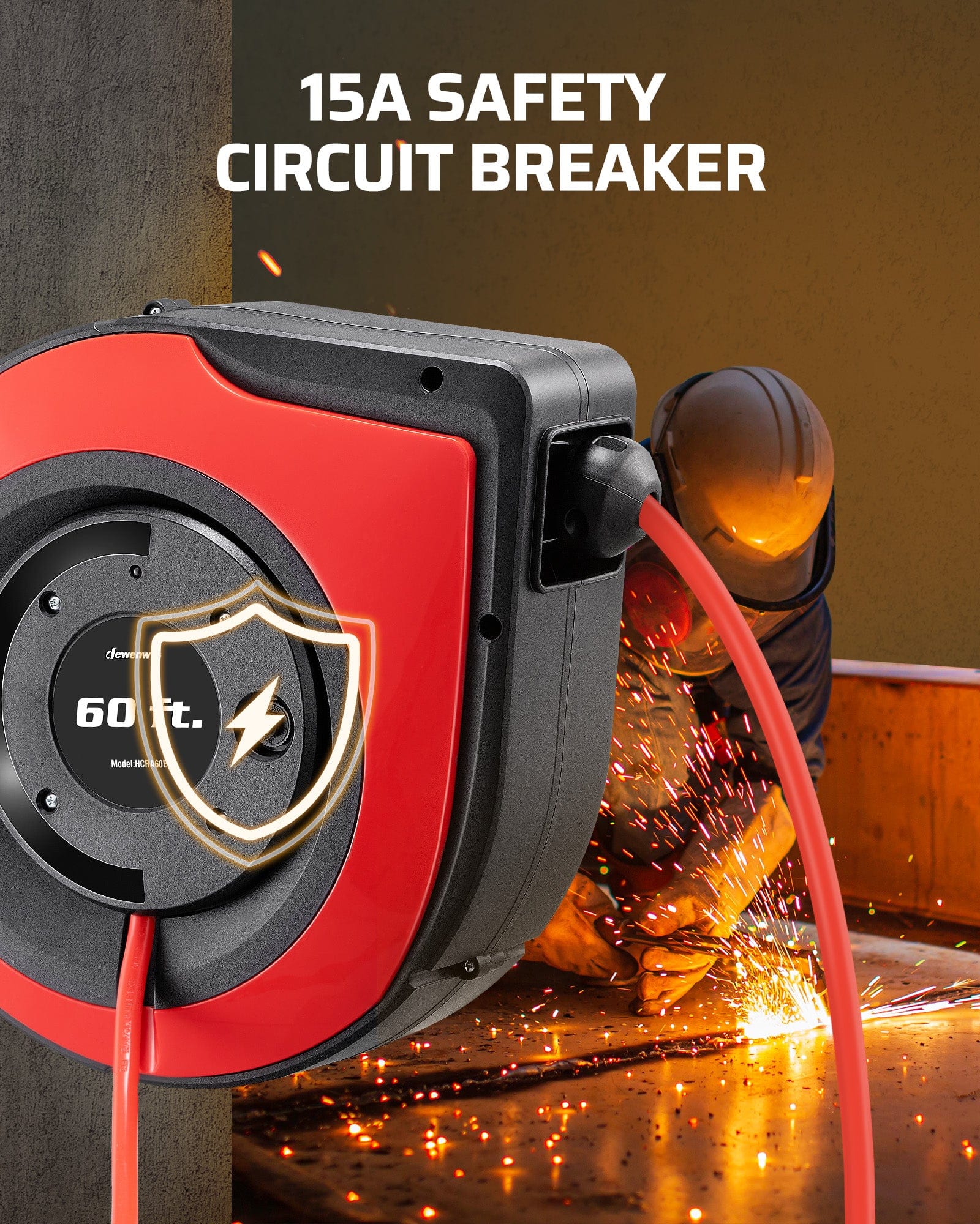 60ft Retractable Extension Cord Reel: Equipped with a 15A safety circuit breaker that automatically shuts off power during overloads to prevent overheating and potential fire hazards