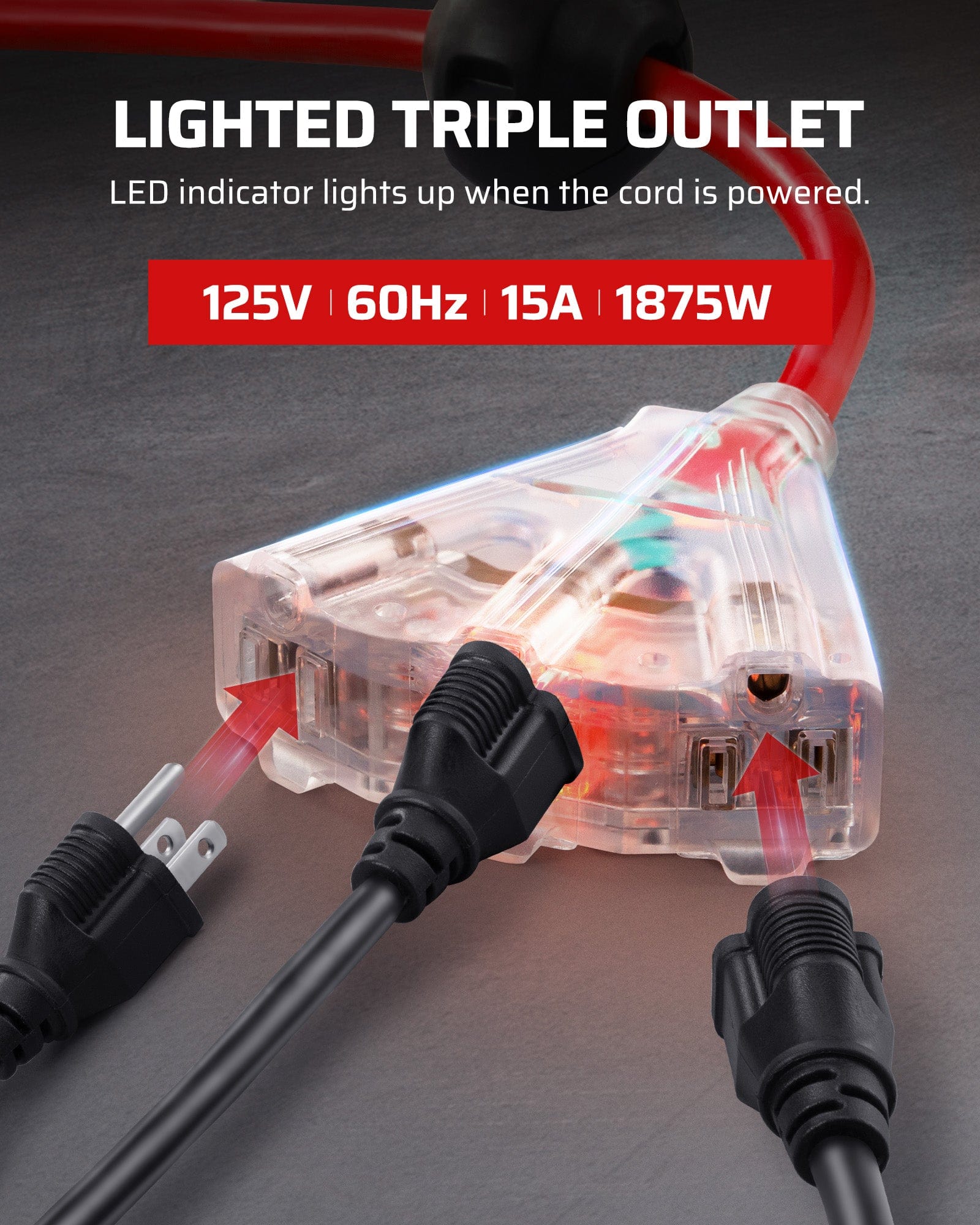 60ft Retractable Extension Cord Reel: Features a lighted triple outlet with an LED indicator that signals power status; rated for 125V, 60Hz, 15A, and 1875W.