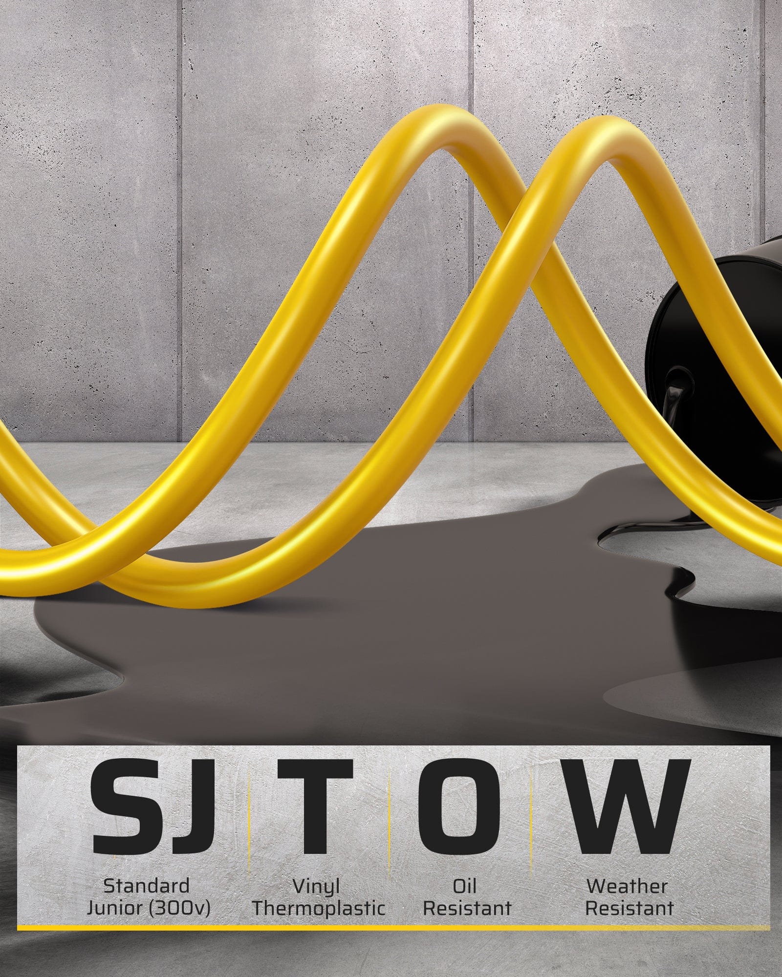 60ft Retractable Extension Cord Reel: Features a heavy-duty 12AWG/3C SJTOW cord (Standard Vinyl Junior Thermoplastic) that is both oil and weather resistant for maximum durability.