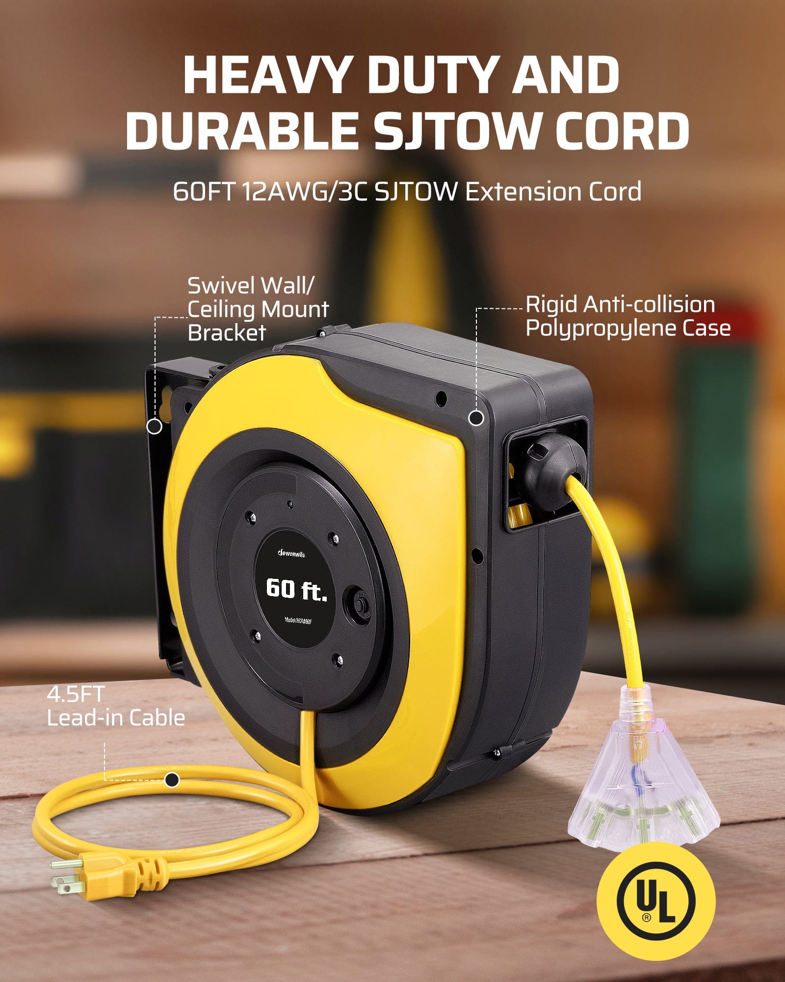 60ft Retractable Extension Cord Reel: Constructed with a heavy-duty 12AWG/3C SJTOW cord and a 4.5ft lead-in cable, housed in a rigid anti-collision polypropylene case with a 180° swivel wall/ceiling mount bracket.