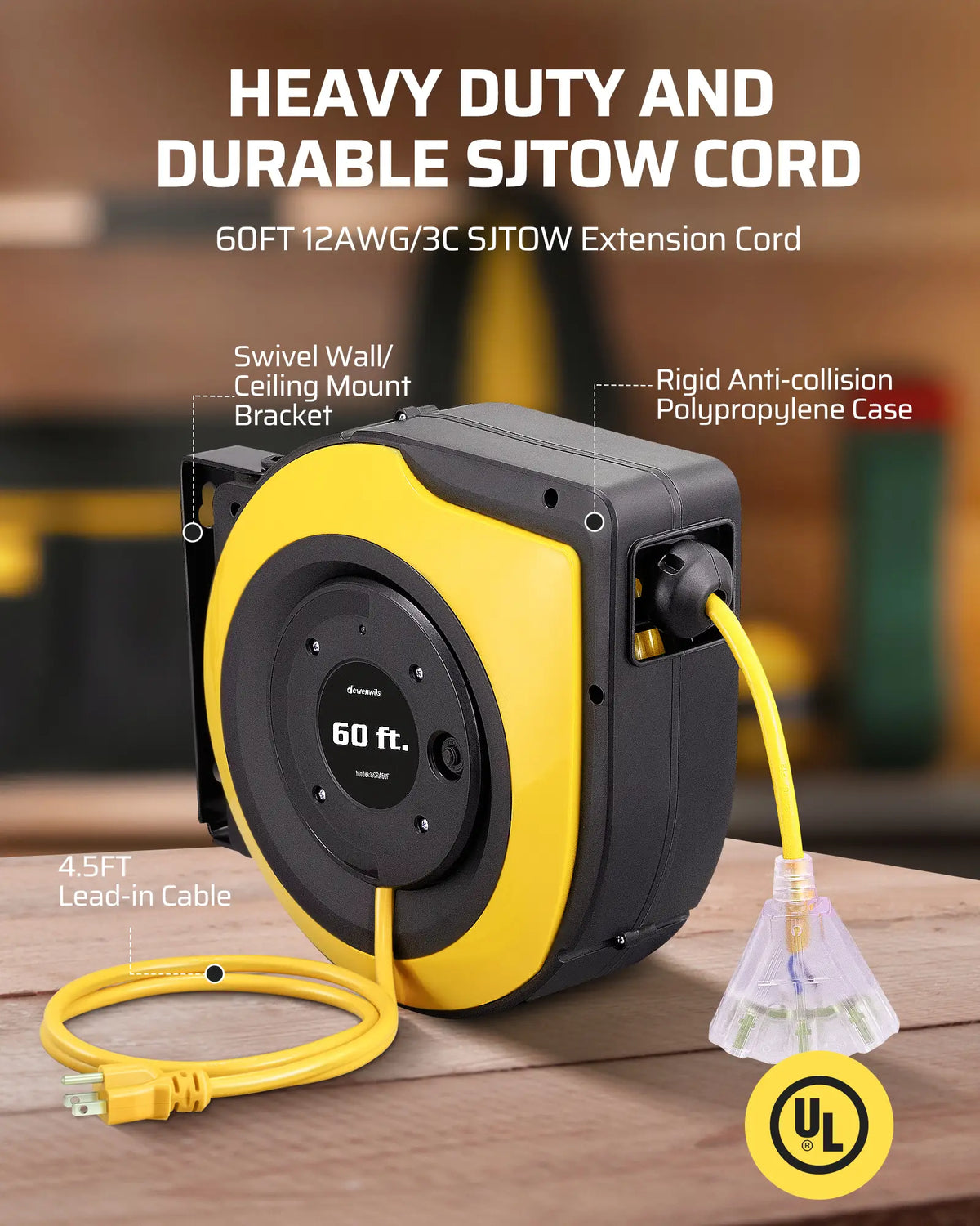 DEWENWILS Extension Cord Reel, 60FT Retractable Cord Reel, 12AWG/3C SJTOW, Lighted Triple Tap Outlets, Retractable Extension Cord Reel, 15A Circuit Breaker, Wall/Ceiling Mounted Heavy Duty Power Cord-HCRA60S