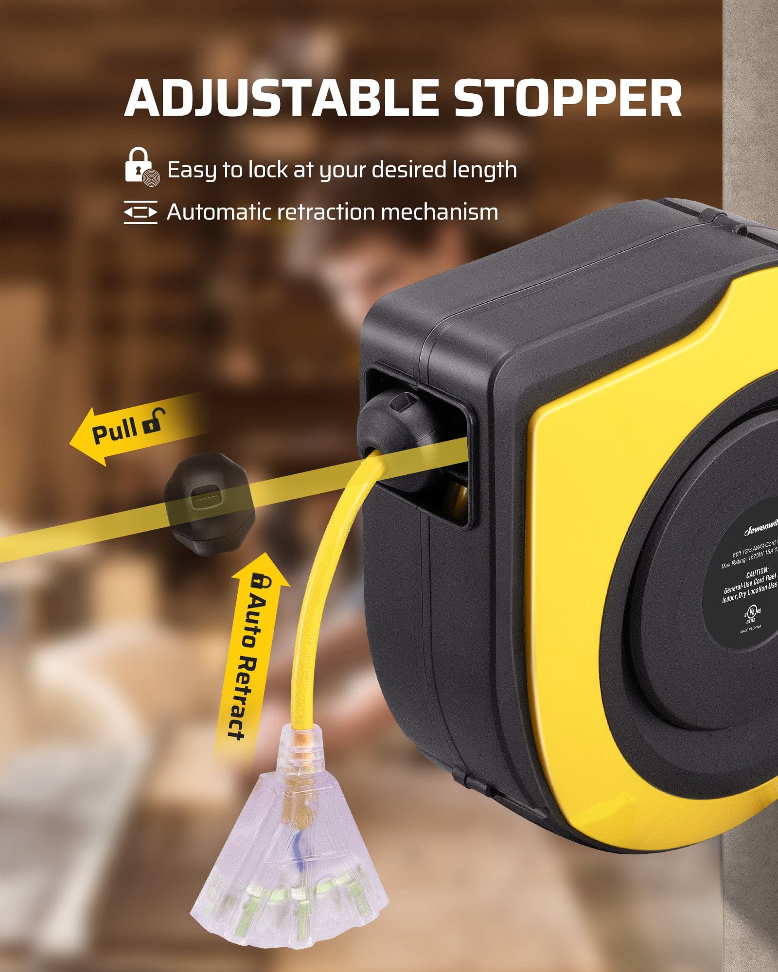 60ft Retractable Extension Cord Reel: Features an adjustable stopper that allows you to easily lock the cord at your desired length, combined with an automatic retraction mechanism for smooth storage.