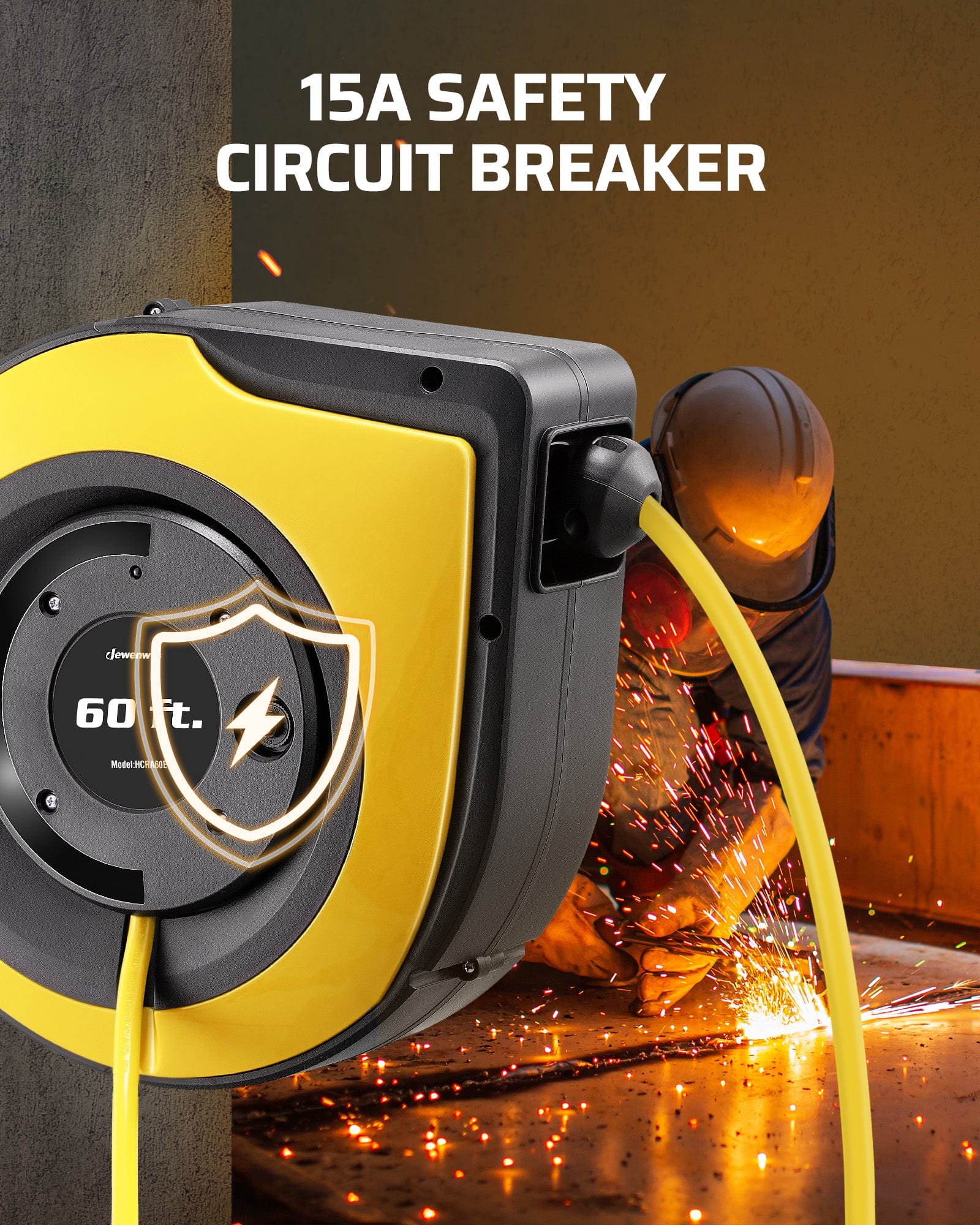 60ft Retractable Extension Cord Reel: Equipped with a 15A safety circuit breaker that automatically shuts off power during overloads to prevent overheating and potential fire hazards