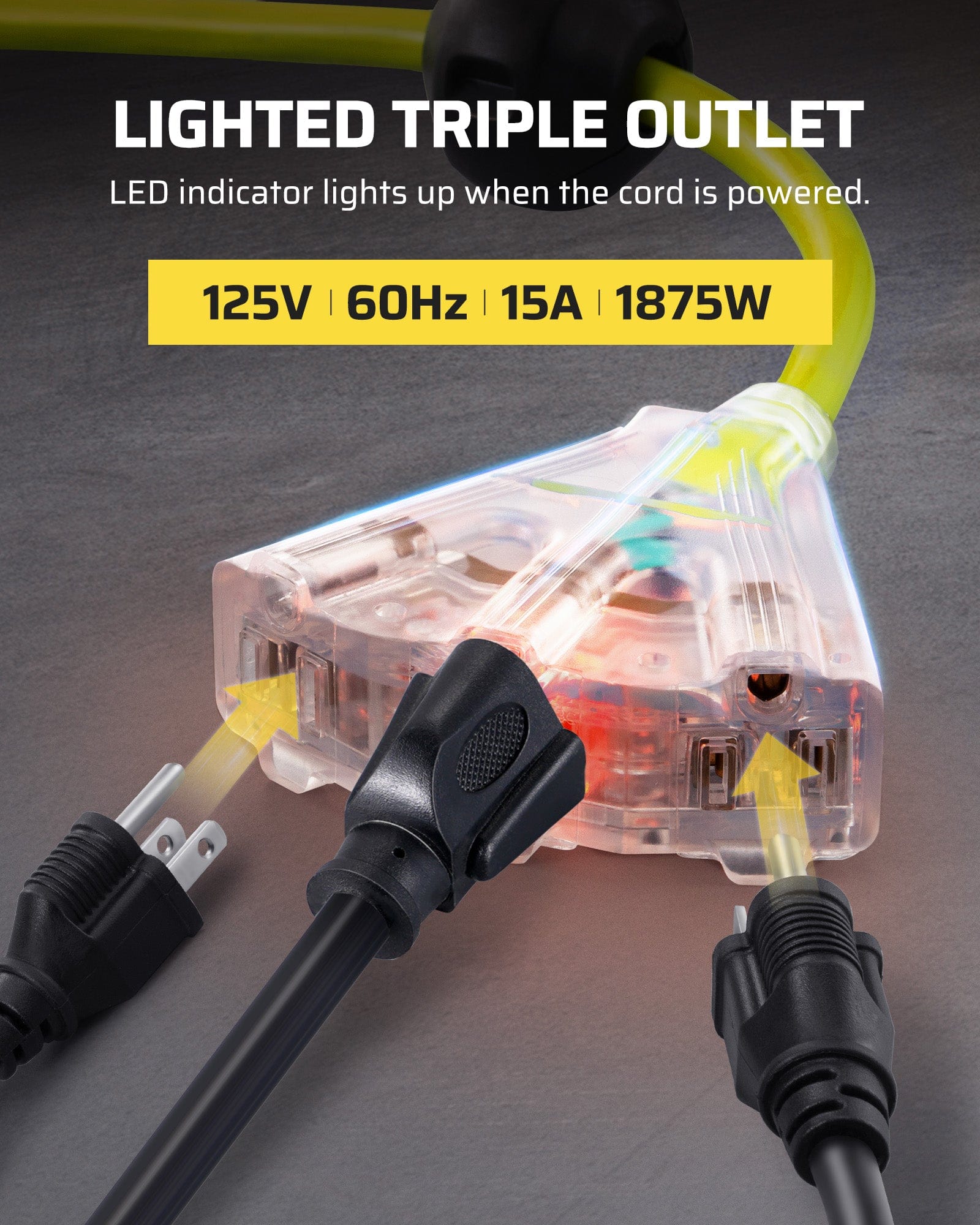 60ft Retractable Extension Cord Reel: Features a lighted triple outlet with an LED indicator that signals power status; rated for 125V, 60Hz, 15A, and 1875W.