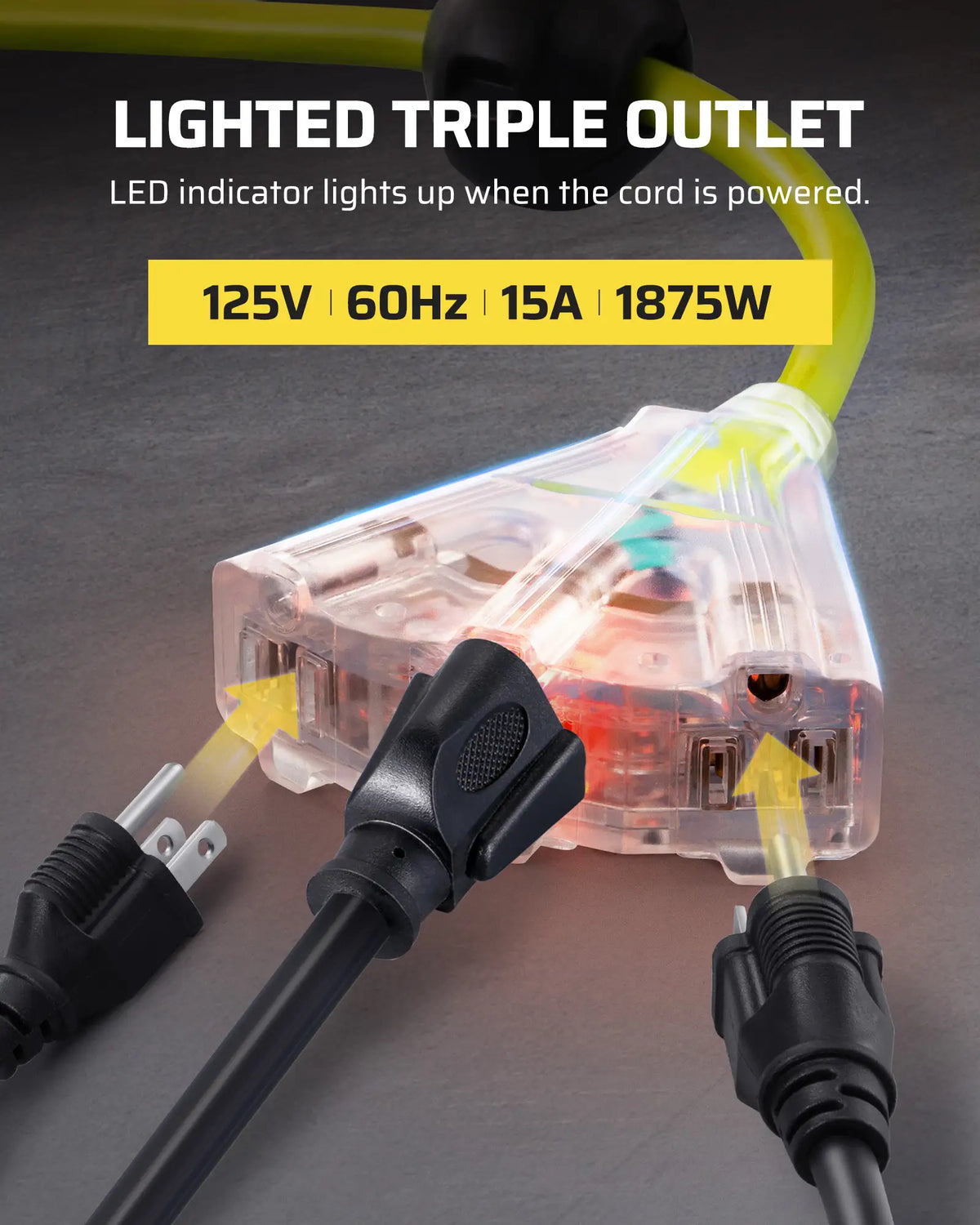 DEWENWILS Extension Cord Reel, 60FT Retractable Cord Reel, 12AWG/3C SJTOW, Lighted Triple Tap Outlets, Retractable Extension Cord Reel, 15A Circuit Breaker, Wall/Ceiling Mounted Heavy Duty Power Cord-HCRA60S