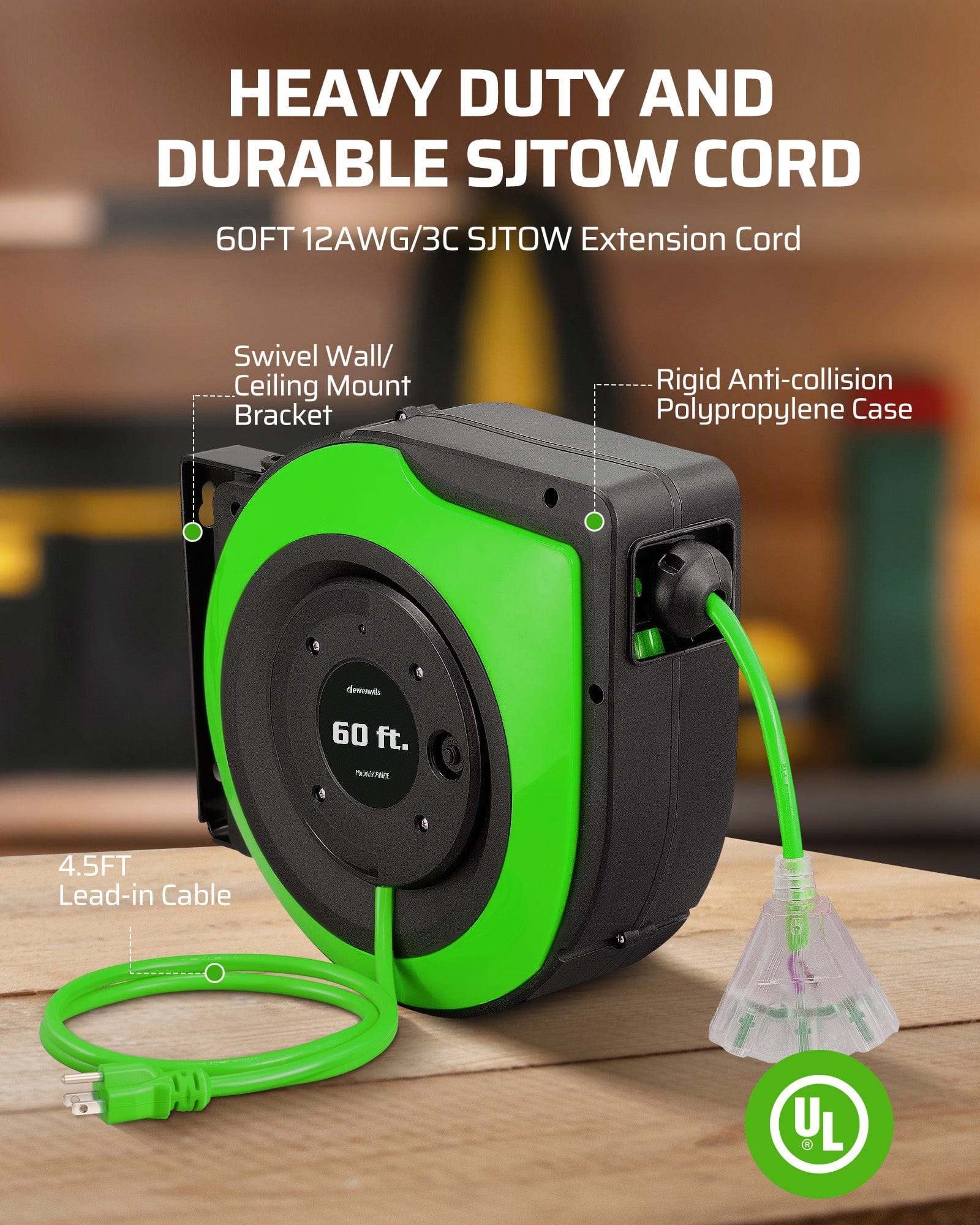 60ft Retractable Extension Cord Reel: 12AWG/3C SJTOW cord (60ft + 4.5ft lead), anti-collision case, and swivel wall/ceiling mount.